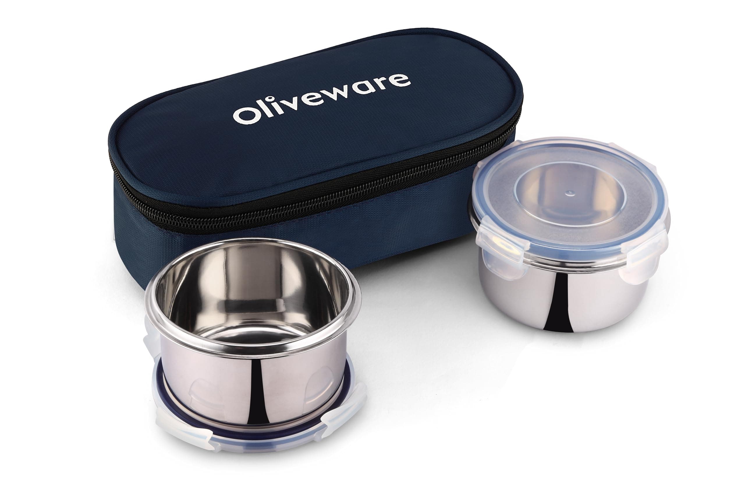oliveware 6 C Crunch Lunch Box, 2 Stainless Steel Containers (300 ml), Leak Proof with BPA Free Air Tight Lids, Fabric Jacket - Navy Blue