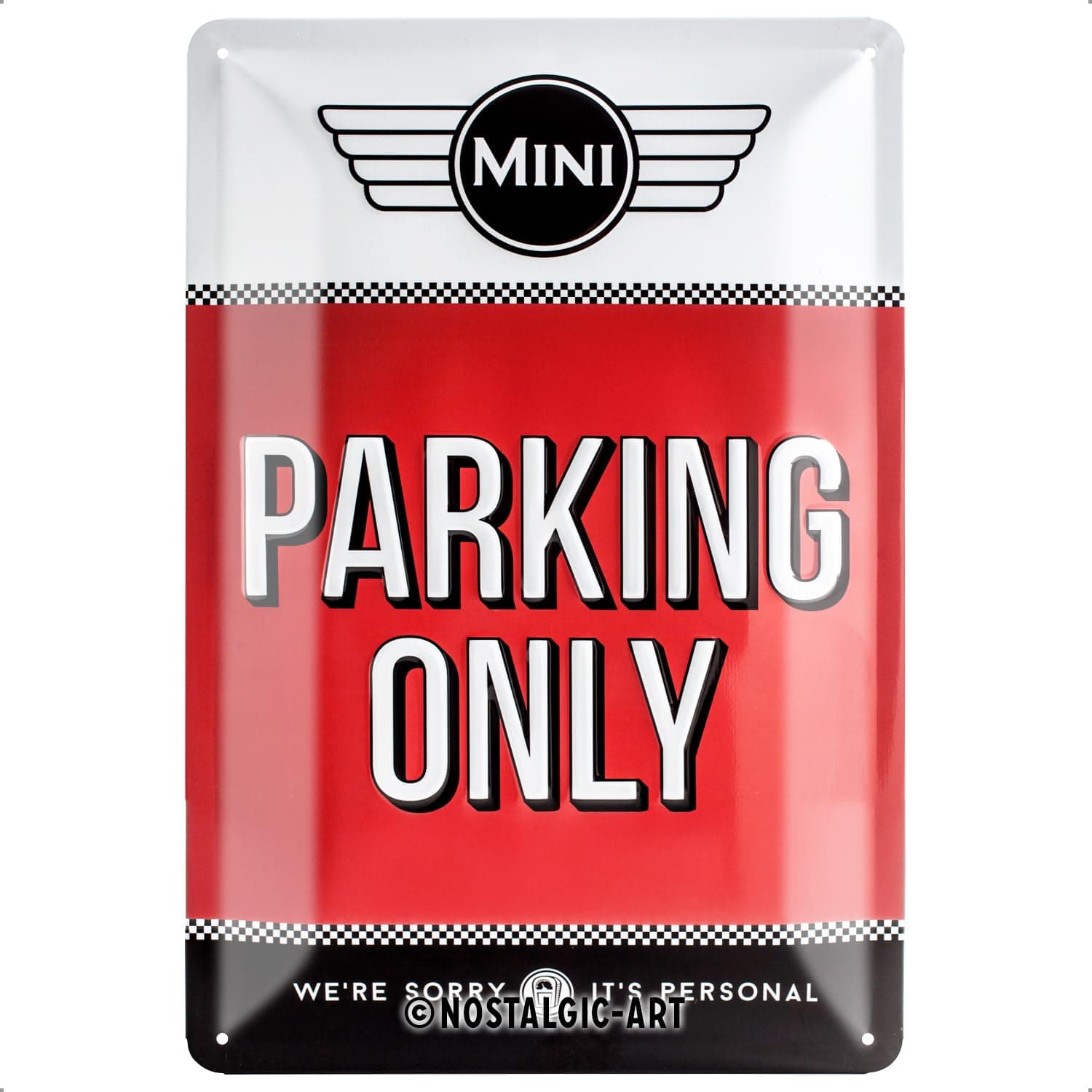 Retro Tin Sign – Mini – Parking Only Red – Gift idea for Cooper fans, Metal Plaque, Vintage design for wall decoration, 20 x 30 cm