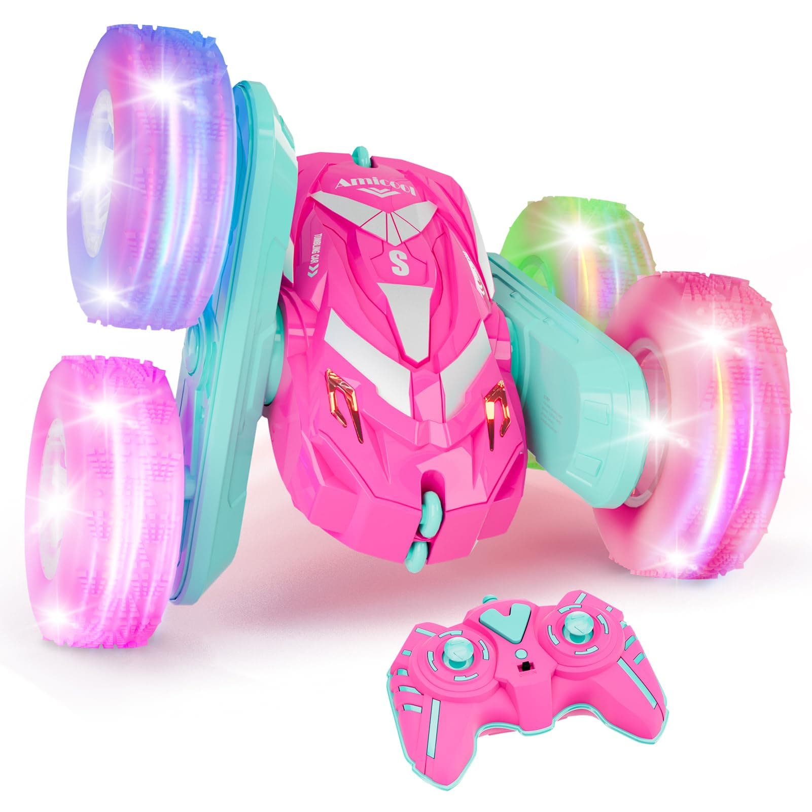 Remote Control Car for Girls 6-12 with Flashing Light, Toys 6 7 8 9 Years Old Girl Birthday Gifts Idea, RC Cars Stunt 4WD 2.4Ghz Double Sided 360° Flip, Present for Kids, Christmas, Pink