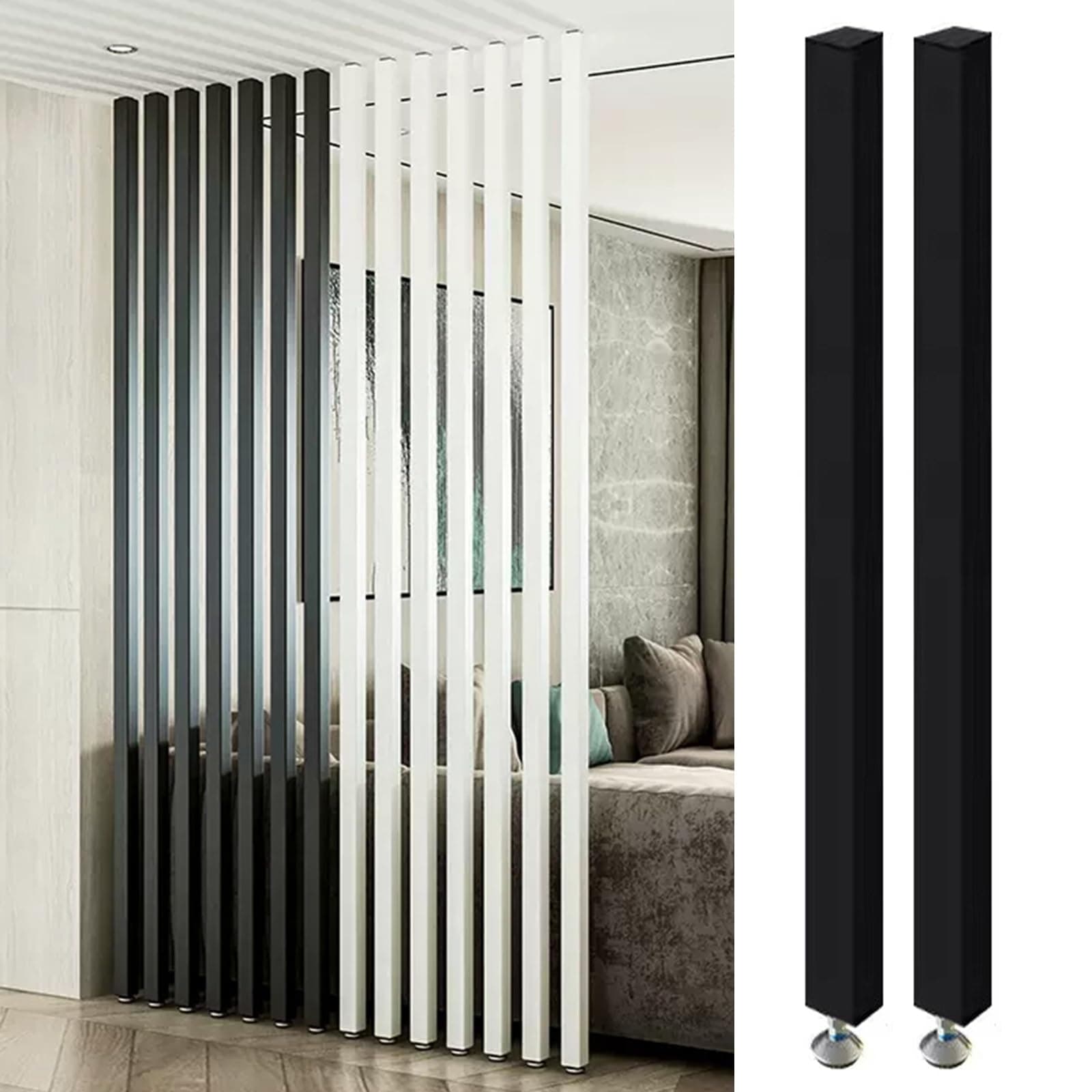 Living Room Floor to Ceiling Wall Post Partitions Screens, Wood Slat Room Divider Column with Adjustable Feet, Office Dividers Pillars 28 36 48 60 70 80 Inches High(Black 2 Pack,110cm/43.3in/3.6ft)