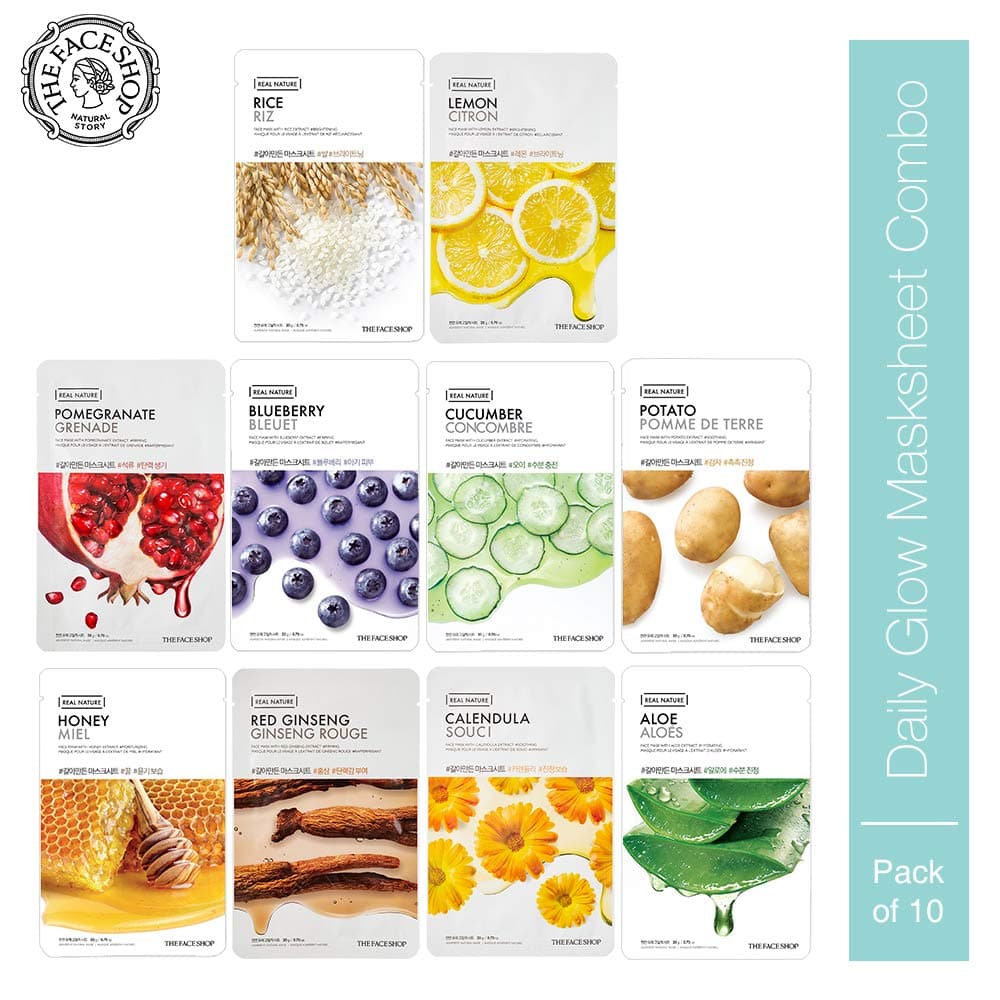 Real Nature Daily Glow Sheet Mask for Glowing Skin & Hydration | Facial Mask with Serum | Korean Sheet Mask For Unisex (Pack of 10) (Assorted)