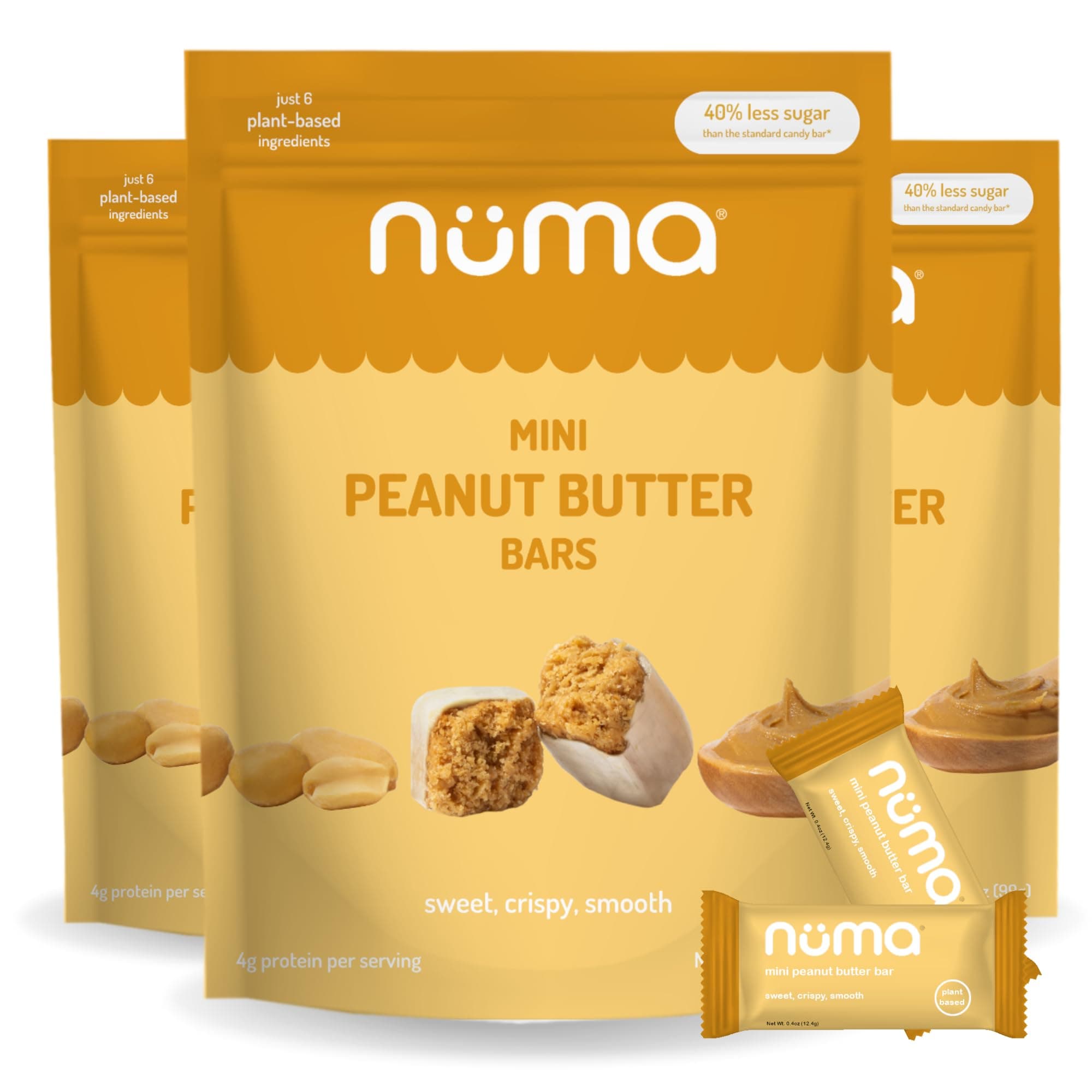 Numa Foods Mini Peanut Butter Bars – Vegan, Low Sugar, High Protein, All Natural, Gluten Free – Crunchy Plant Based Peanut Butter Snacks – 3 Bags with 8 Individually Wrapped PB Bites