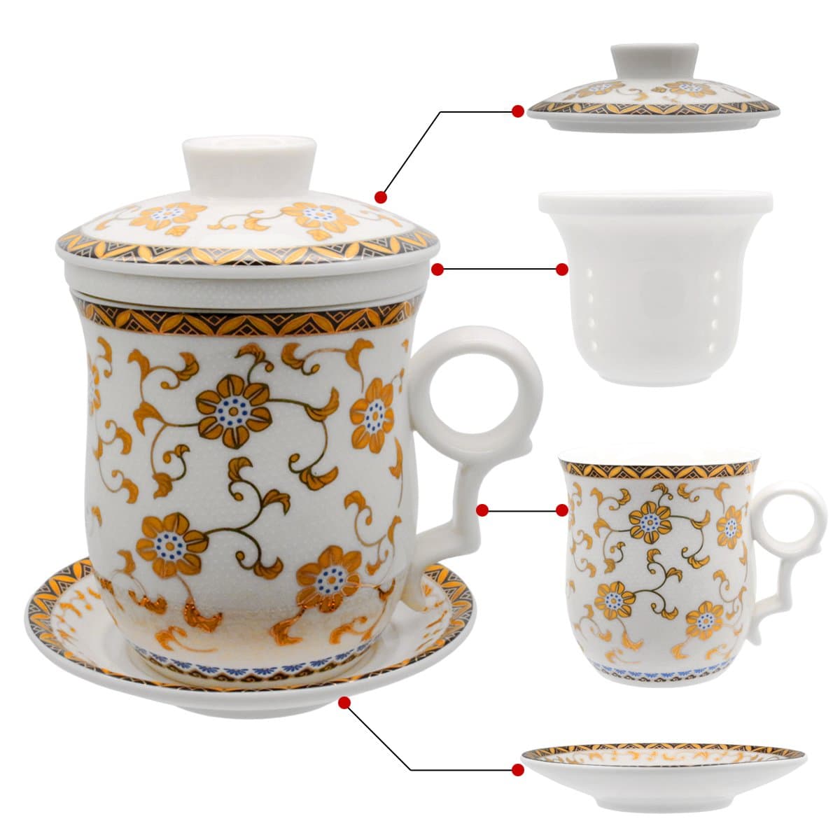Porcelain Tea Cup with Infuser Lid and Saucer Sets - Chinese Jingdezhen Ceramics Coffee Mug Teacup Loose Leaf Tea Brewing System for Home Office