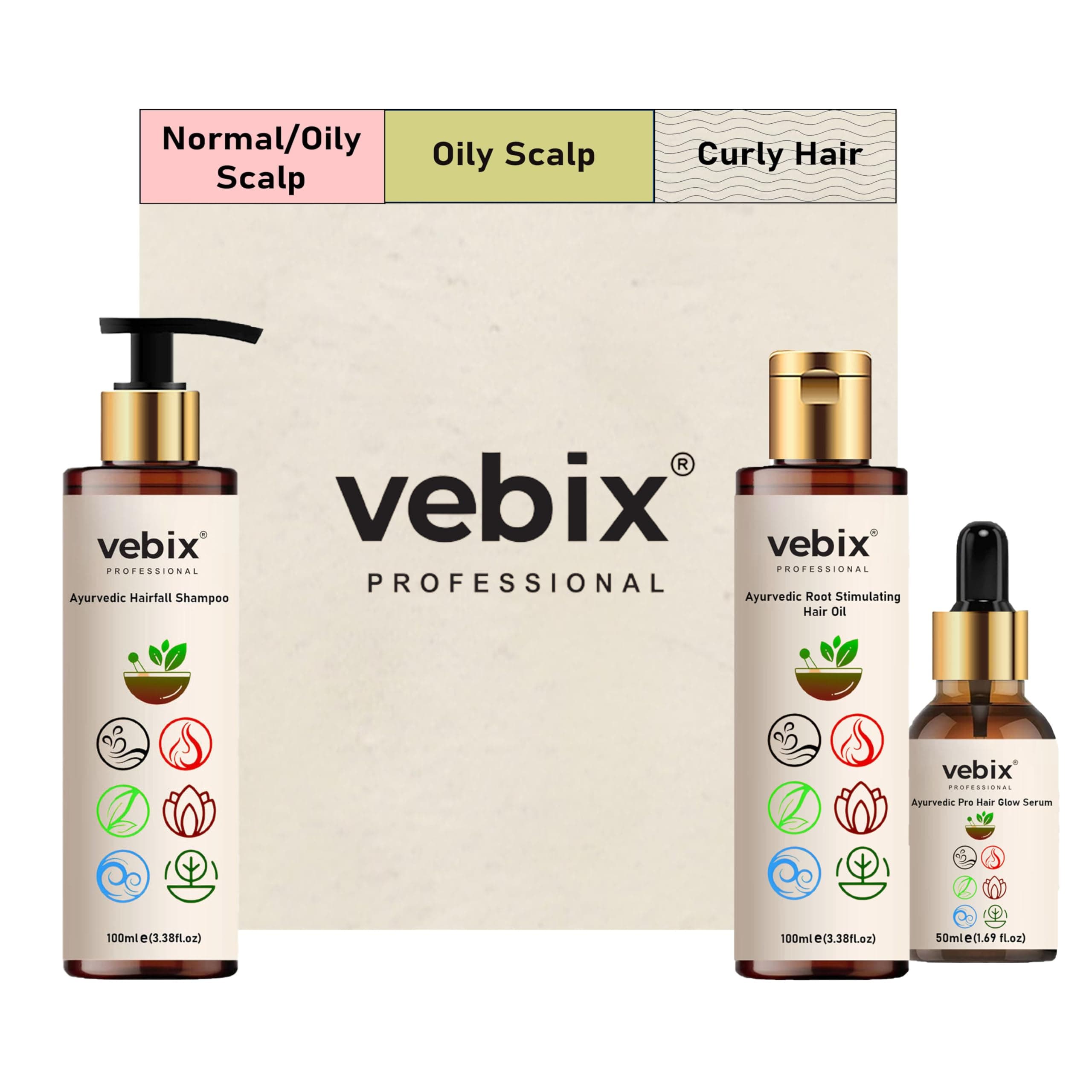 Vebix Professional Customised Regimen New Launch HairCare - Ayurvedic 3 Product Kit - HairFall Control Lotus AntiHairfall Shampoo + Neem AntiHairFall Oil & Hair Growth Serum (250ml)