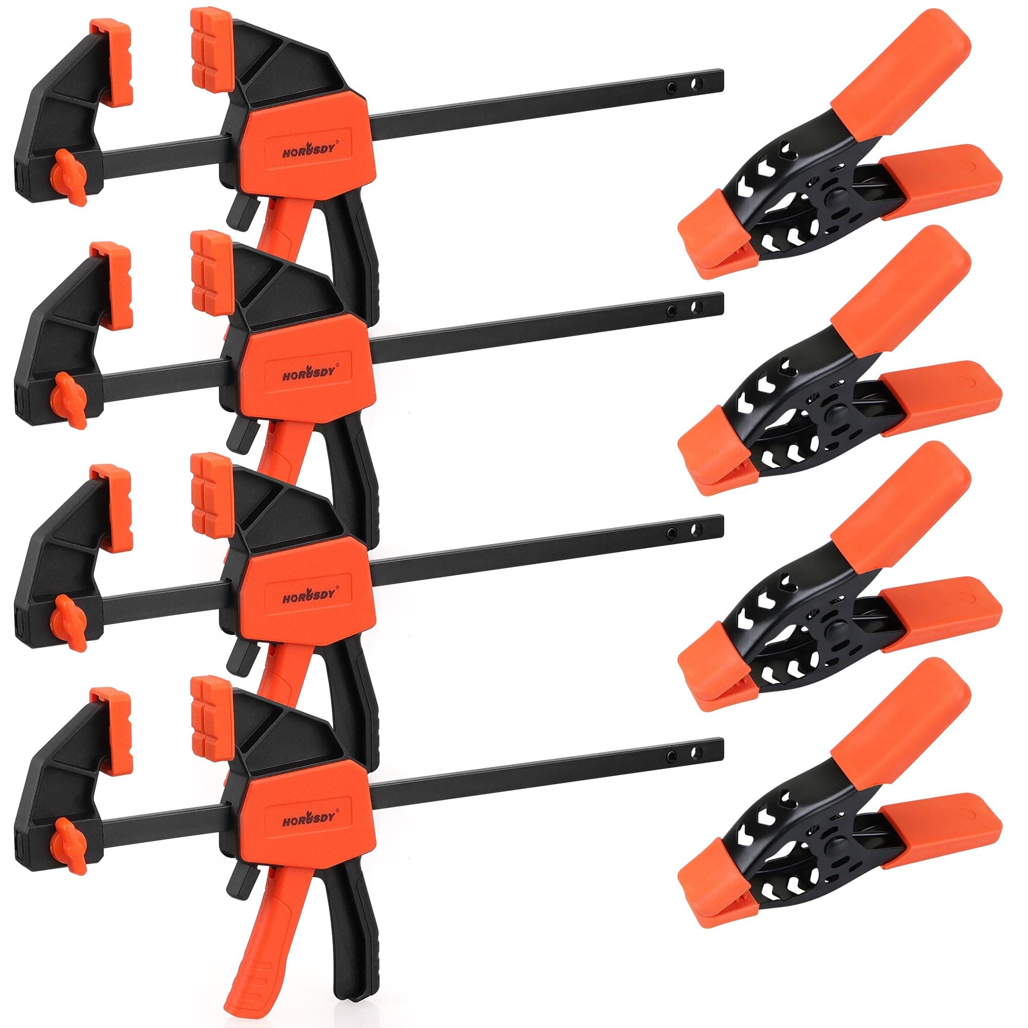 HORUSDY 8-Pack Bar and Spring Clamps for Woodworking - 4 Pieces 6" Bar, 4 Pieces 4" Spring, 75 LBS Load Limit, Quick F Clamp Set