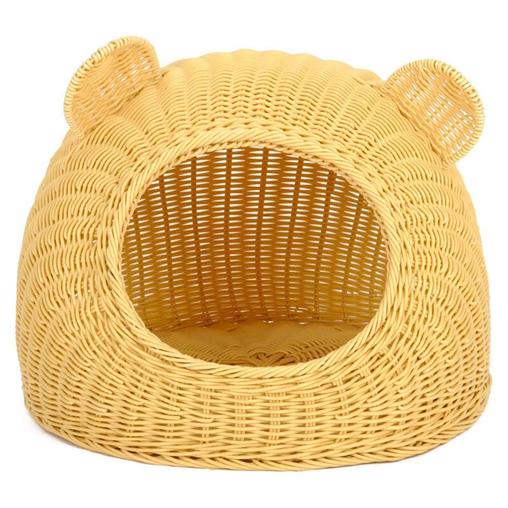Alppq Primary Color Rattan Nest Bamboo Plastic Cat House Cat Ears Cat Bed Four Seasons Universal Doghouse Pet Cave Luxury Soft Washable Cat Nest Villa Easy to Clean Comfort Cat Dog Nest Pet Bed