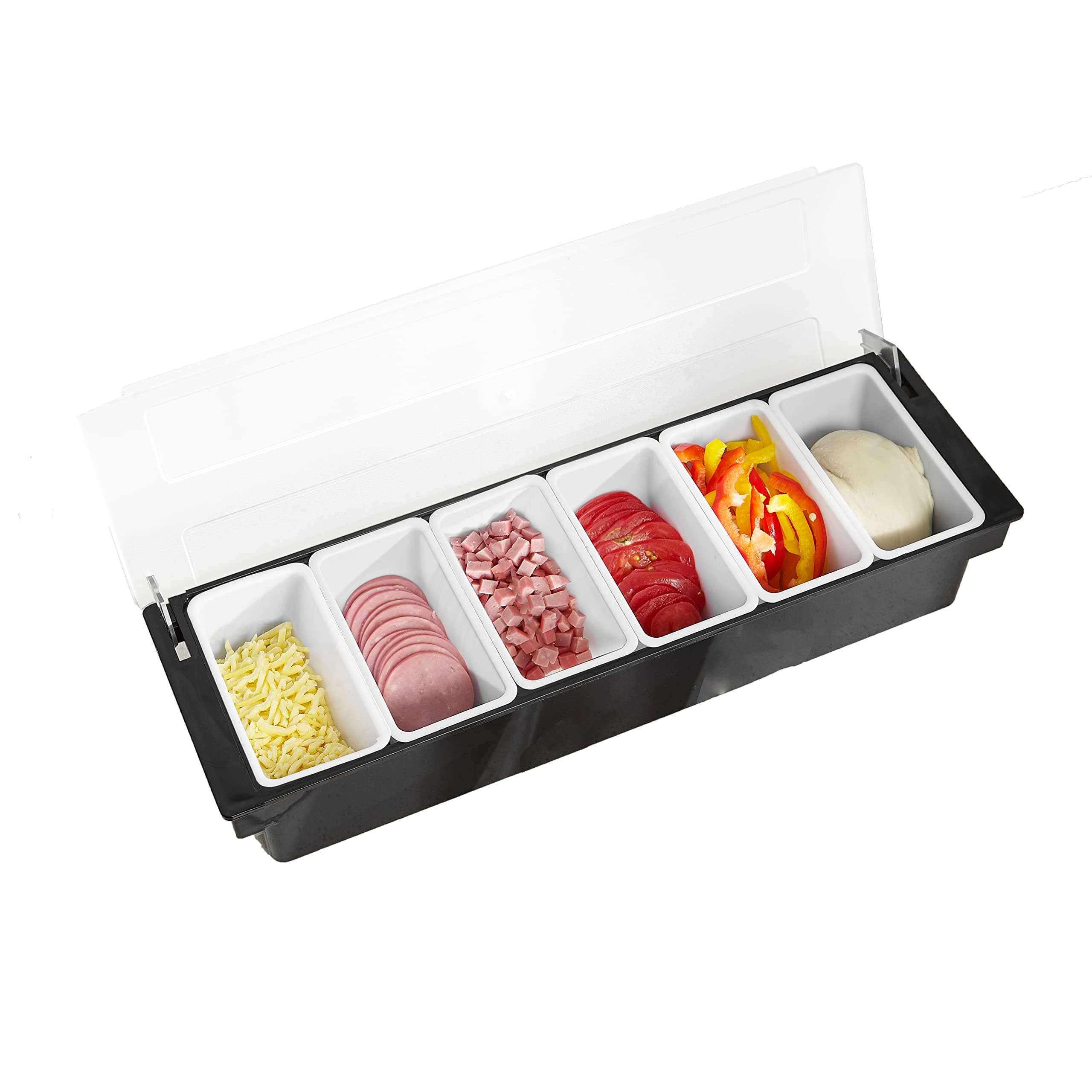 6 Compartment Trays Detachable Topping Station Plastic Pizza Ingredients Condiment Dispenser Reusable Ice Cooled Condiment Seasoning Container For Home or Restaurant Chilled Garnish Tray