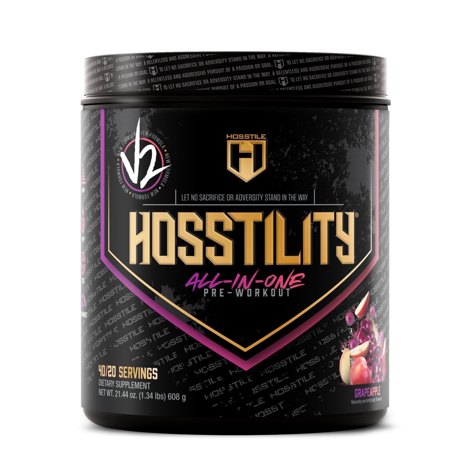 Hosstility V2 Pre-Workout Powder, All-in-One Pre-Workout Supplement for Energy, Focus & Pump Support, Grape Apple, 40/20 Servings