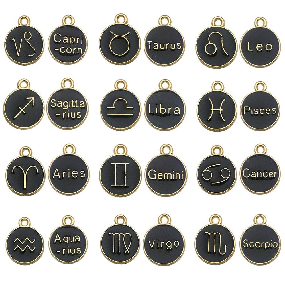 24pcs(2 sets) Zodiac Charms Twelve Constellation Round Enamel Metal Charms Double Sided Charms for DIY Necklace Bracelet (12mmX15mm Black)