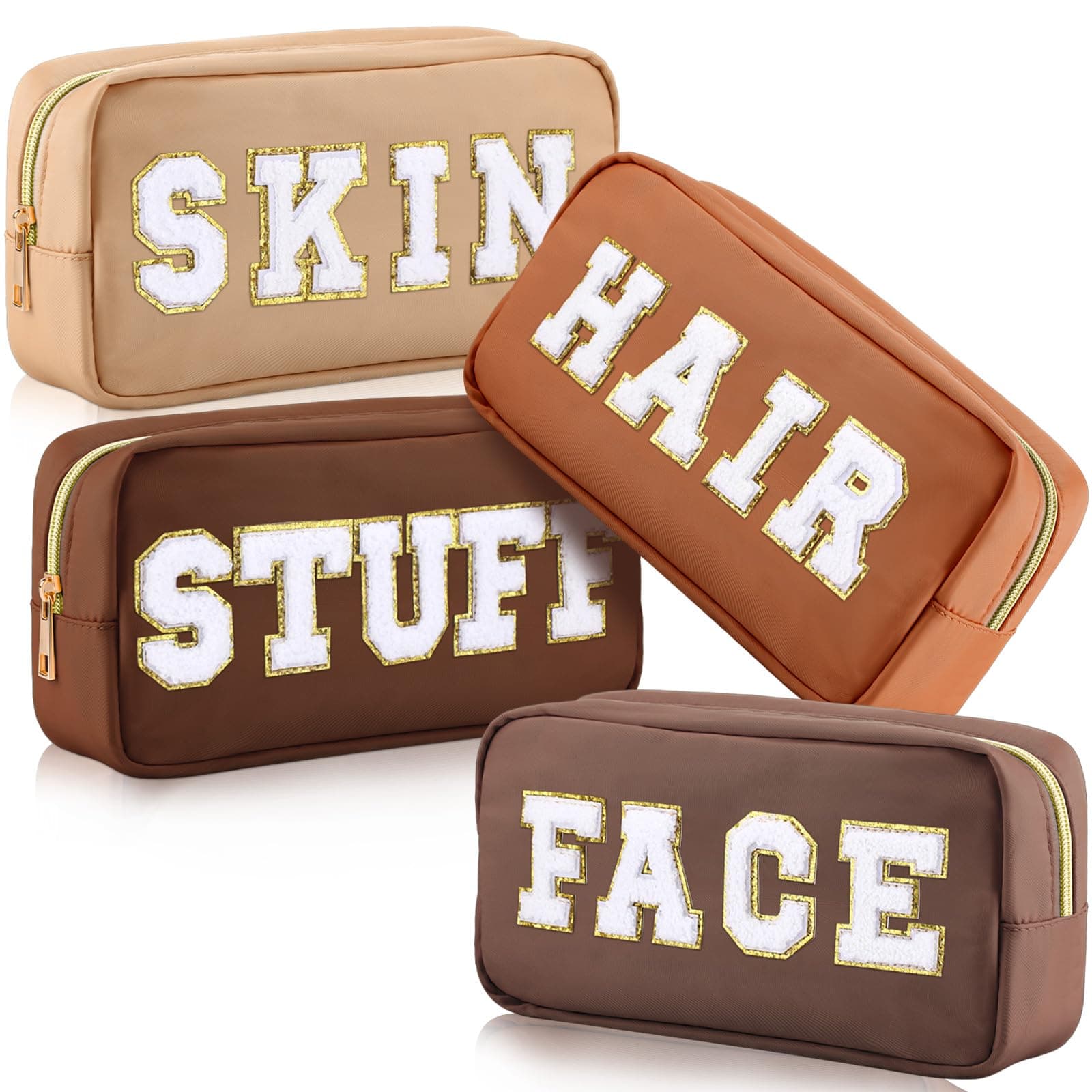 Remerry 4 PCS Nylon Cosmetic Bags Waterproof Spacious Travel Makeup Organizer for Women Chenille Letter Preppy Zipper Pouch Face Stuff Skin Hair Organizer Gift(Brown Series)