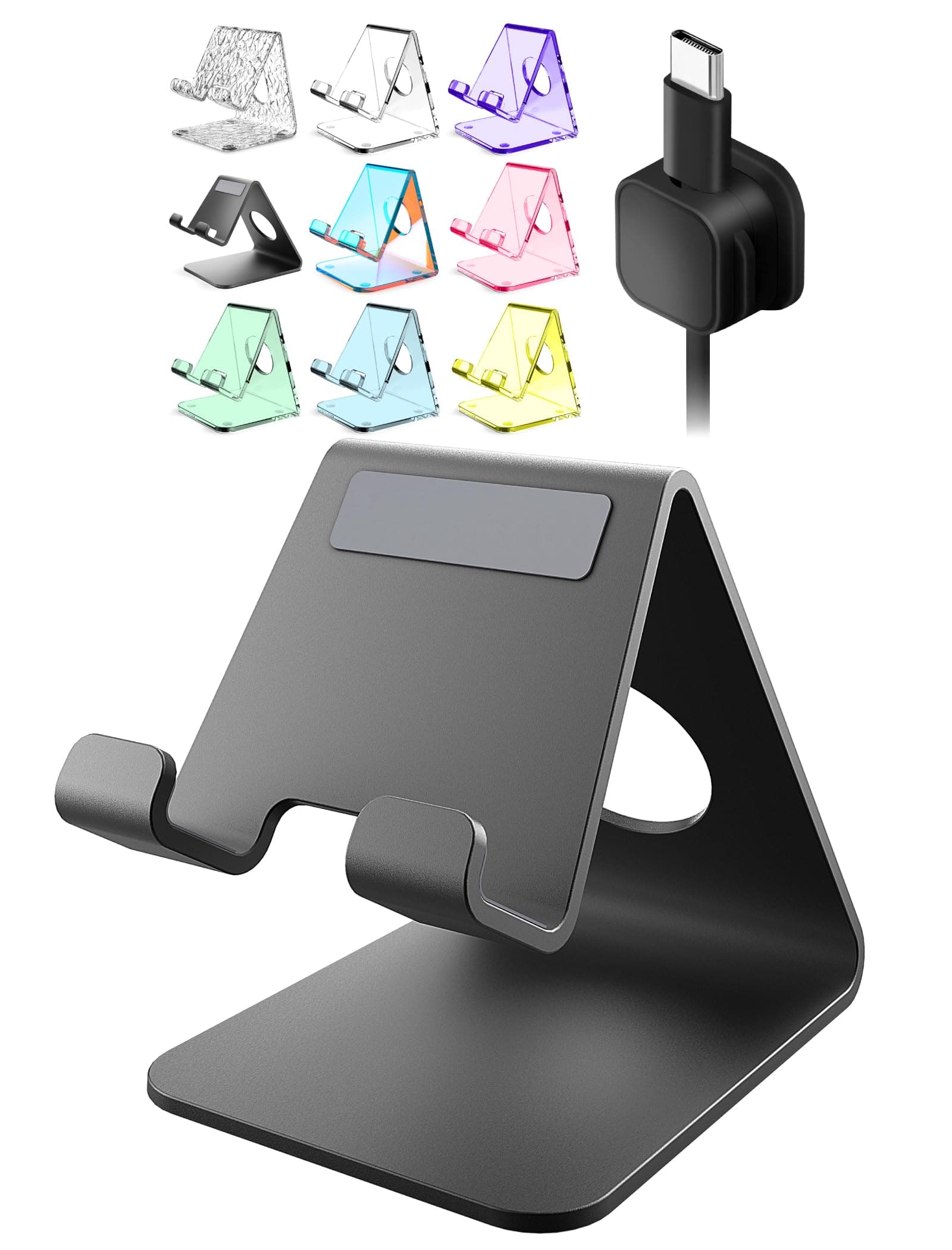 TOPGO Cell Phone Stand for Desk, Device Holder, Cradle, Holder, Metal Phone Stand with Cable Collective for Office Desk, Bedside Table Compatible with iPhone 17 16 Pro Max and All Smart Phones - Black