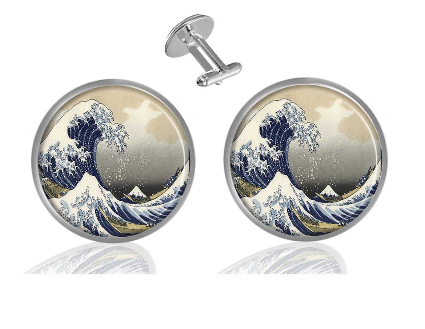 Custom Classic Jewelry Tuxedo Shirt Sliver Cufflinks Men's Unique Business Wedding Gifts (Hokusai The Great Wave)