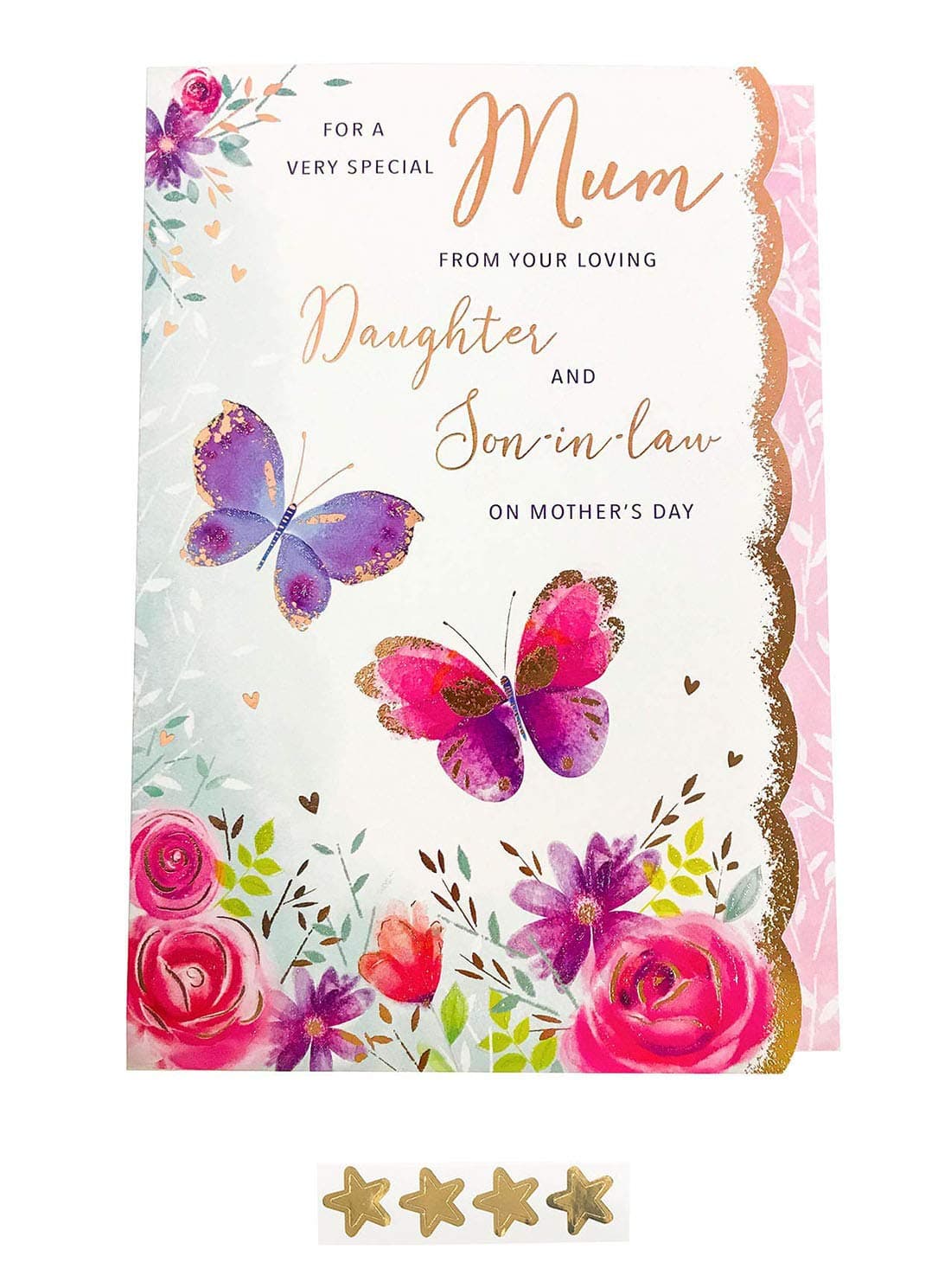 Mothers Day Card for Mum from Daughter and Son in Law with Envelope Star Stickers Seal Words Verse Purple Pink Butterflies Floral Gold Foil Design