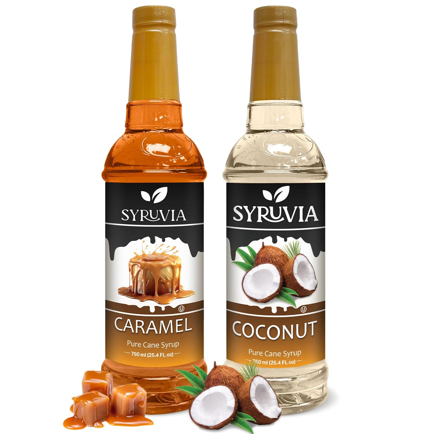 Syruvia Coffee Syrup Variety Pack - Caramel & Coconut- Gluten-Free, Kosher, 25.4 fl oz Bottles - Enhance Your Coffee Experience with Premium Flavoring Syrups