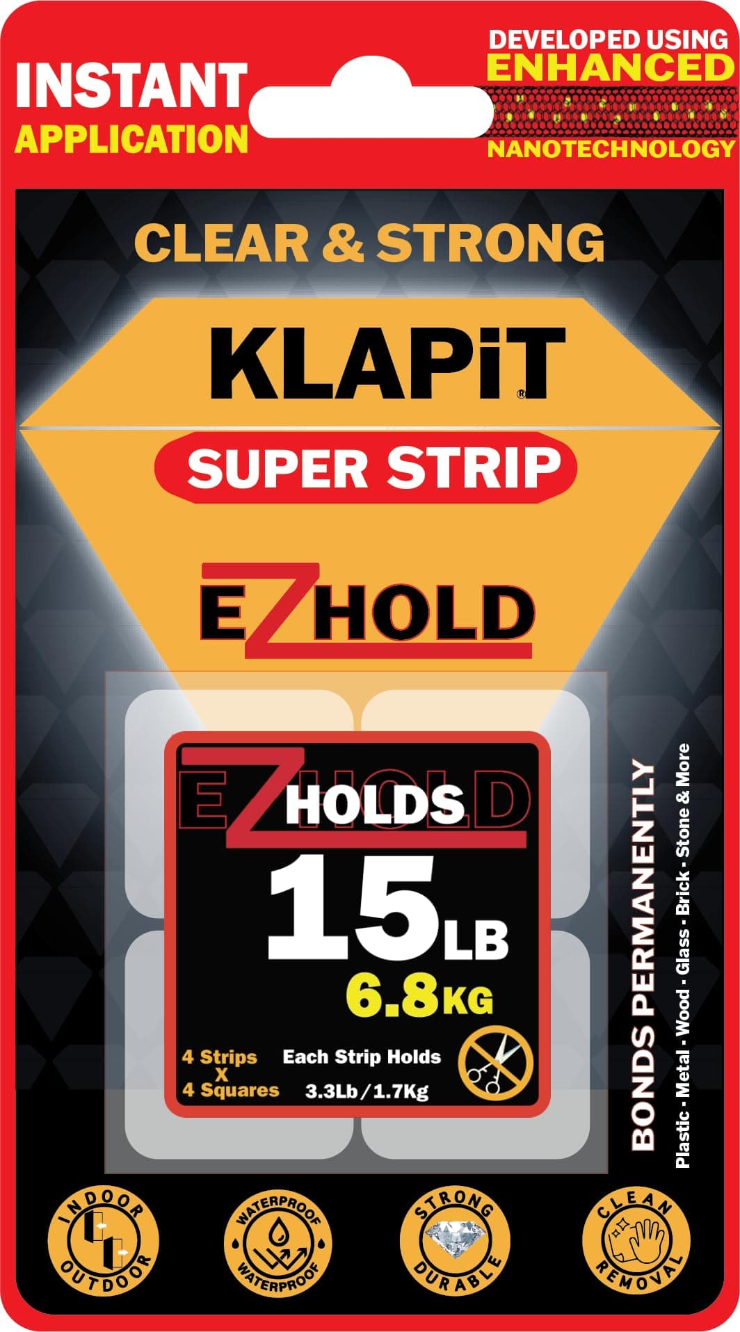 KLAPiT Super Strip EZHold - pre-cut 1"x1" Heavy-Duty Mounting Tape Squares, double sided, Waterproof, transparent Holds up to 15 LB (6.8 kg) instant, clean adhesion and leaves no residue (16pc)