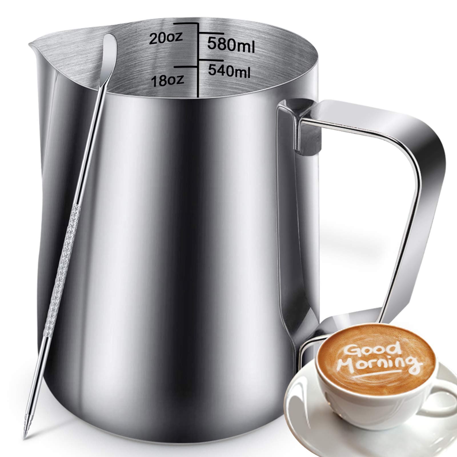 Milk Frothing Pitcher Jug - 20oz/600ML Measurements Steaming Pitchers, Stainless Steel Coffee Tools Cup, Espresso, Latte Art and Frothing Milk, Attached Latt Art Pen