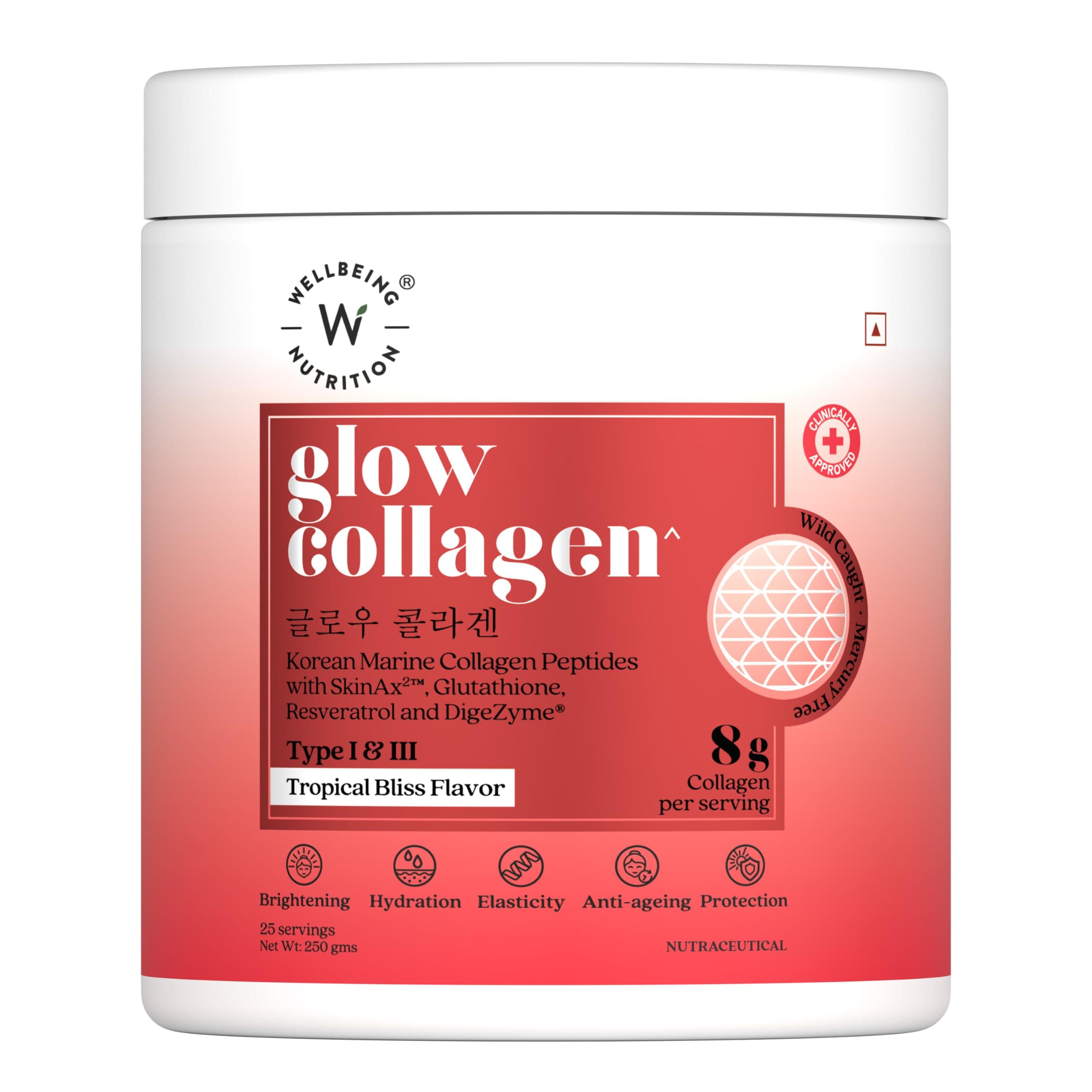 Glow Japanese Marine Collagen Peptides with SkinAx², Glutathione, Resveratrol, Bromelain & Goji Berry| Tropical Bliss Flavor - 250g