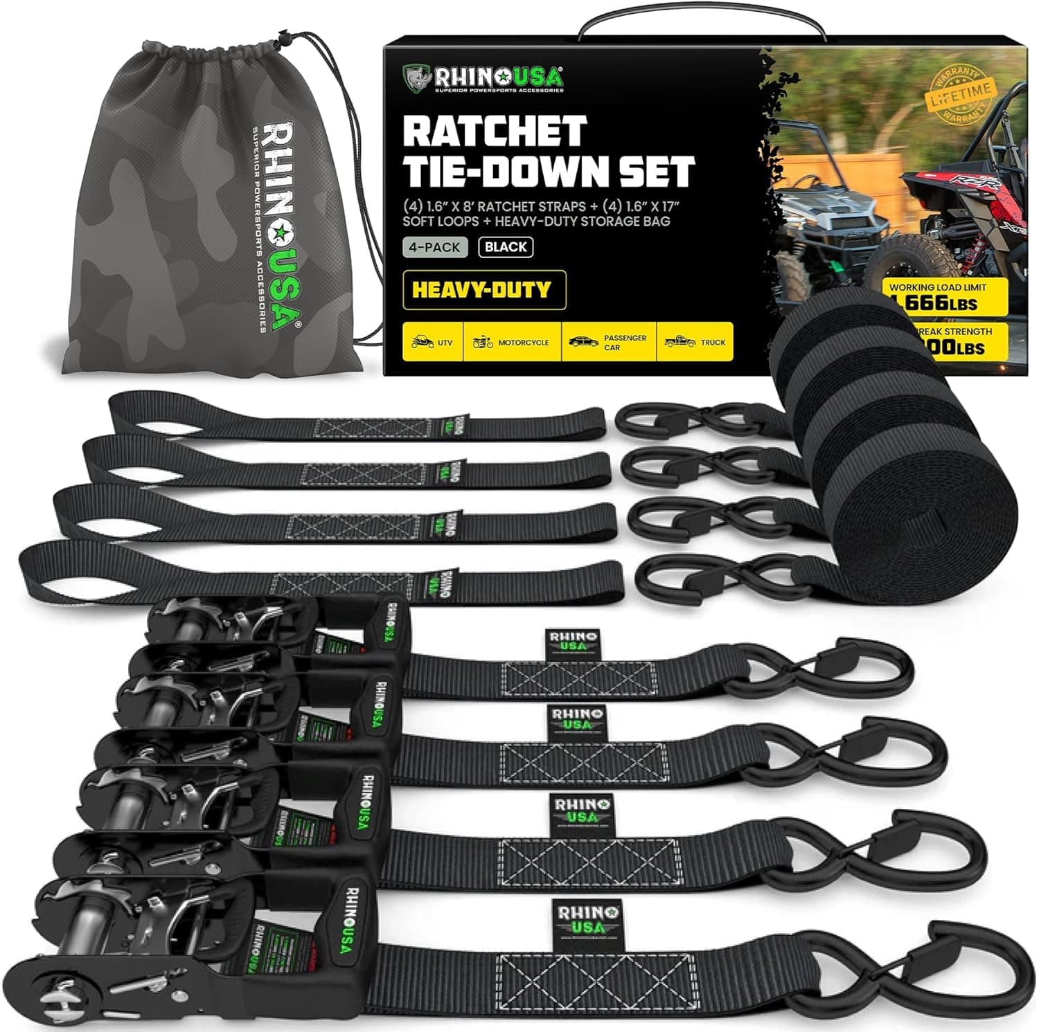 Rhino USA Ratchet Straps Heavy Duty Kit (4-Pack) - 1.6 Inch x 8 Feet Min Break Strength (5,000) - Ultimate Tie Down Straps with Safety S Hooks for Trucks, ATV, UTV, Motorcycle, Cargo & More - Black