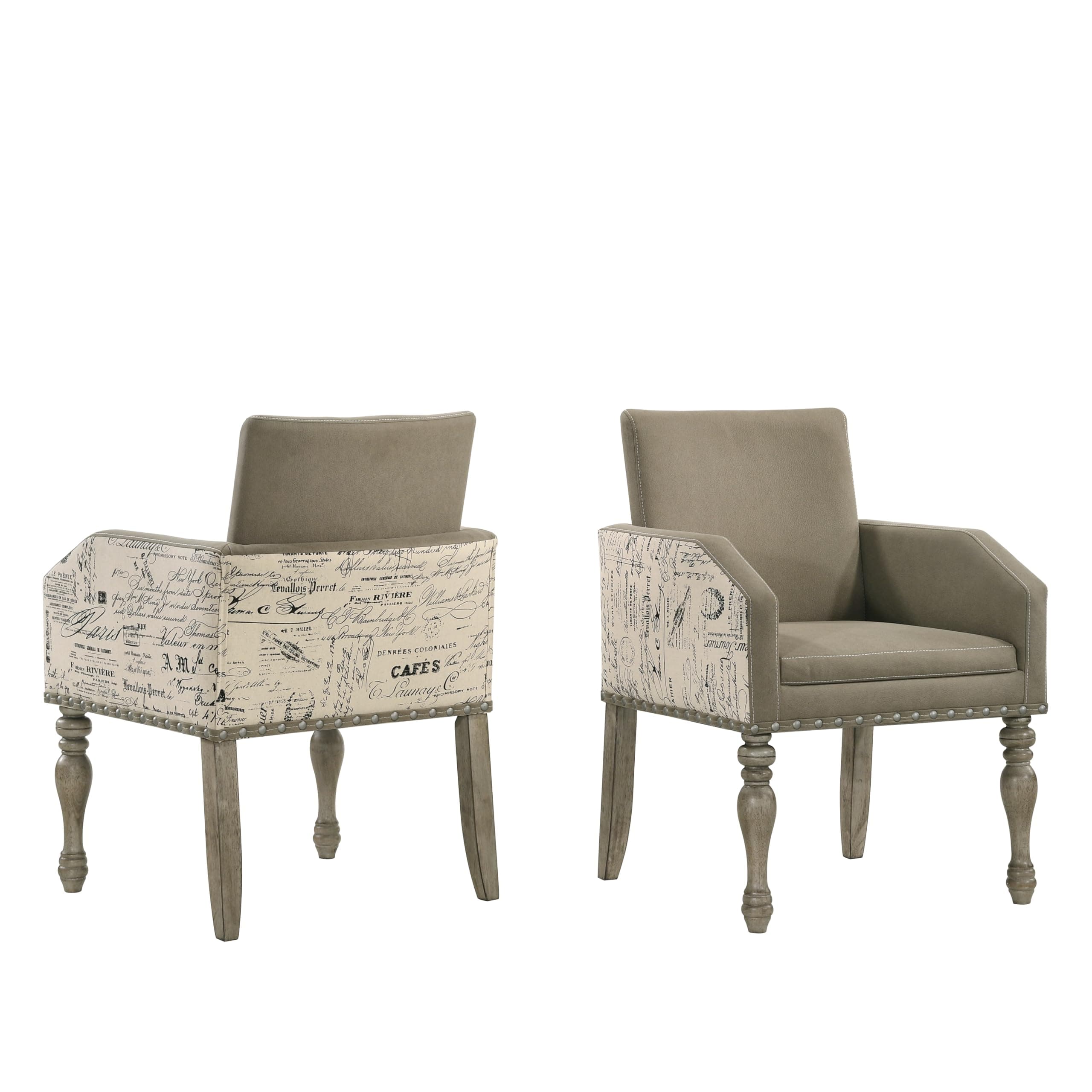 Roundhill Furniture Birmingham Script Printed Driftwood Finish Dining Arm Chair with Nail head, Set of 2,