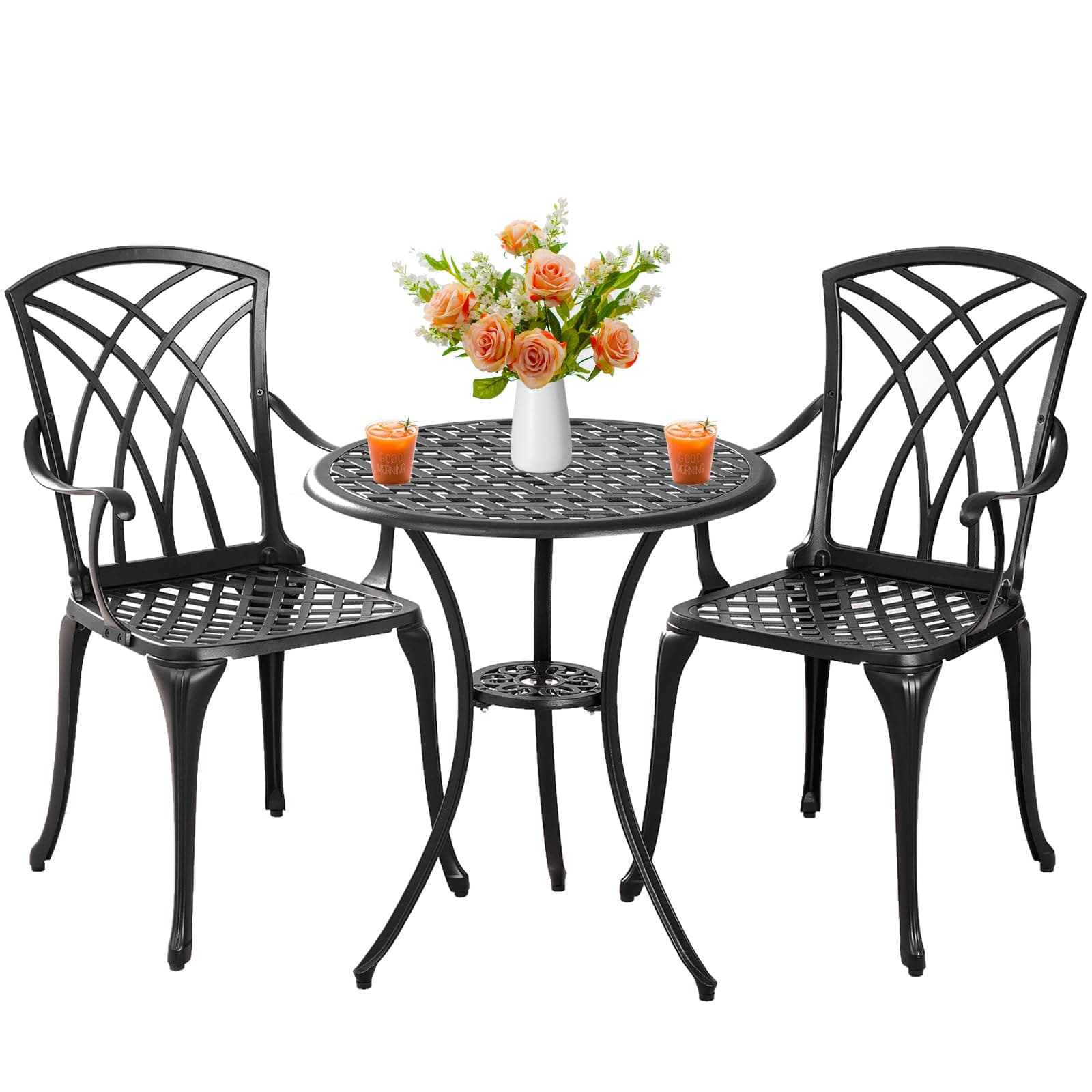 Outdoor 3 Piece Bistro Set Cast Aluminum Bistro Table and Chairs Set of 2, All Weather Bistro Patio Set, Patio Furniture for Garden Black
