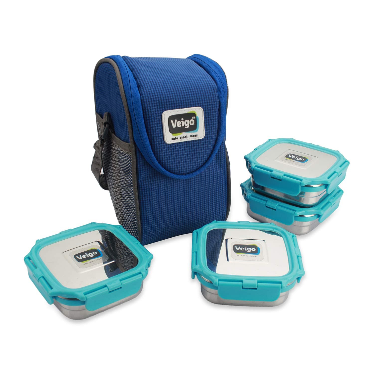 VeigoPremium Finish Lock N Steel 4 Container with Lunch Bag, Airtight Leakproof Lunch Box Sleek & Compact Design Easy to Carry Perfect for Office,School,Outdoor Sky Blue 4 Pieces, Medium - 330 ml