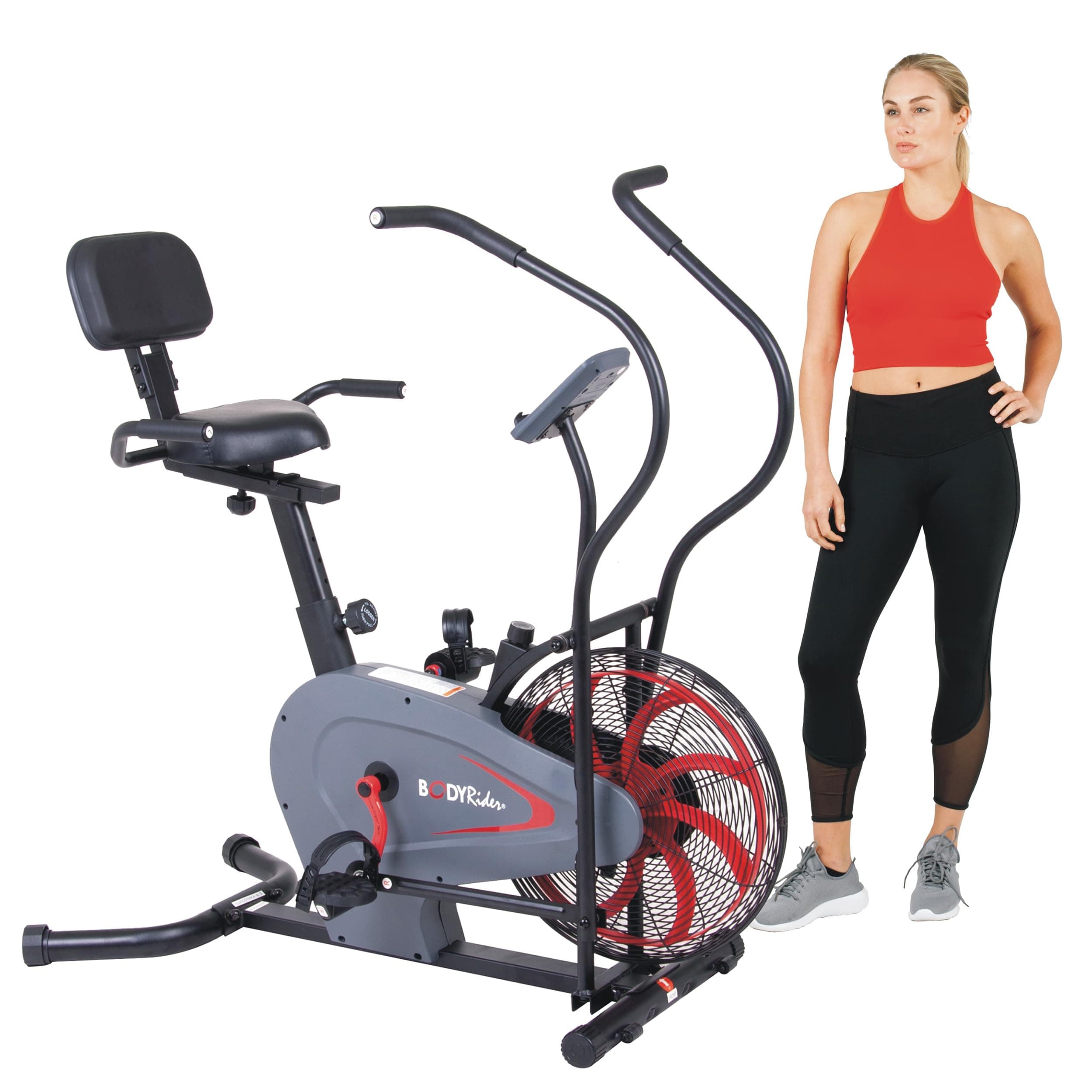 Body Rider Exclusive Air-Resistance Fan Bike Curve-Crank Technology Sport-Style Seat Open Air Flywheel Variable Manual Resistance Control Integrated Pulse Sensors Connected Digital Monitoring Console