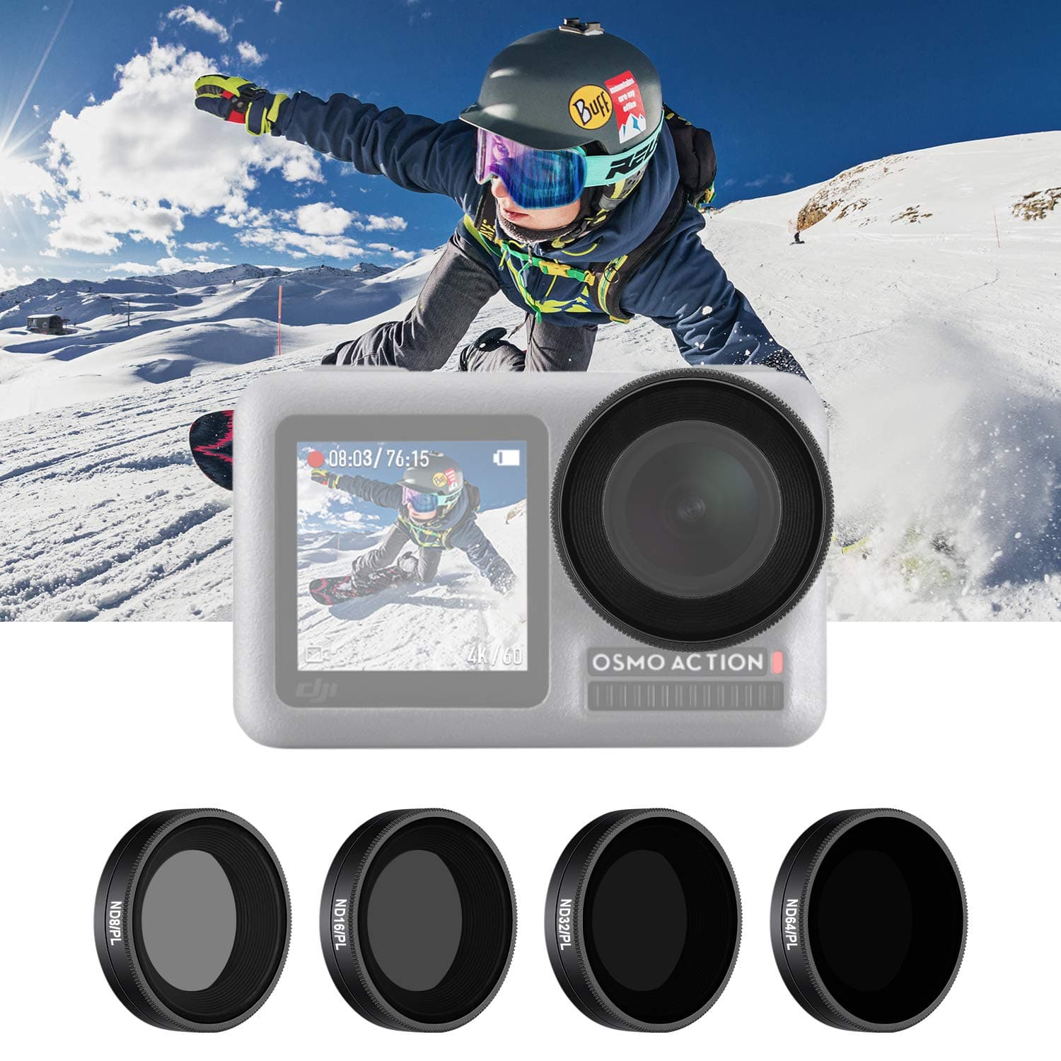 NEEWER 4 Pack Filter Set Only Compatible with DJI Osmo Action 1, Includes ND8/PL, ND16/PL, ND32/PL, ND64/PL Filter, Direct Thread in Installation, Waterproof and Oil Proof for Outdoor Sports (Black)