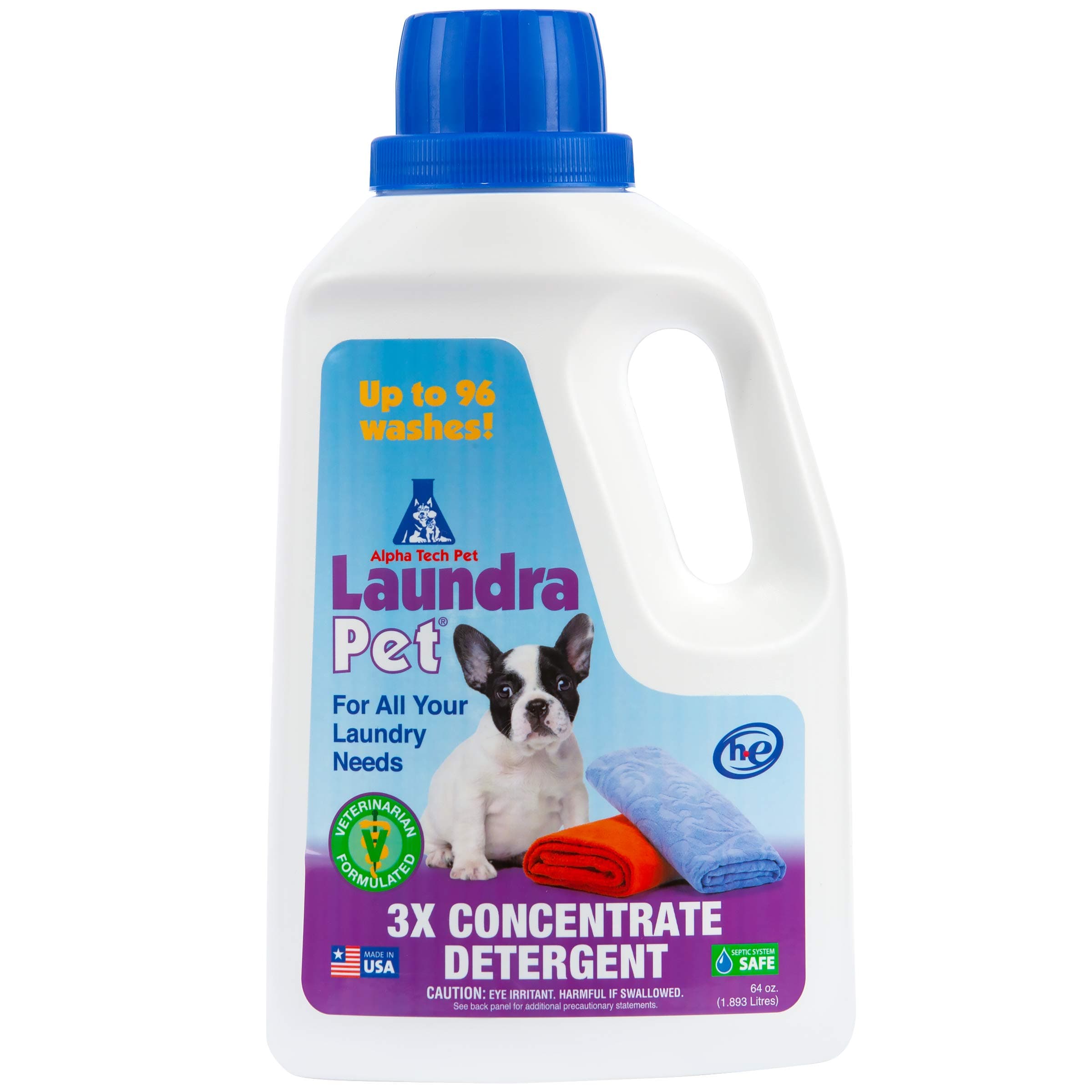 LaundraPet Premium Laundry Detergent, 64 oz. Bottle, 3X Strength, Odor and Stain Remover, 96 Loads, High-Efficiency Machine Friendly
