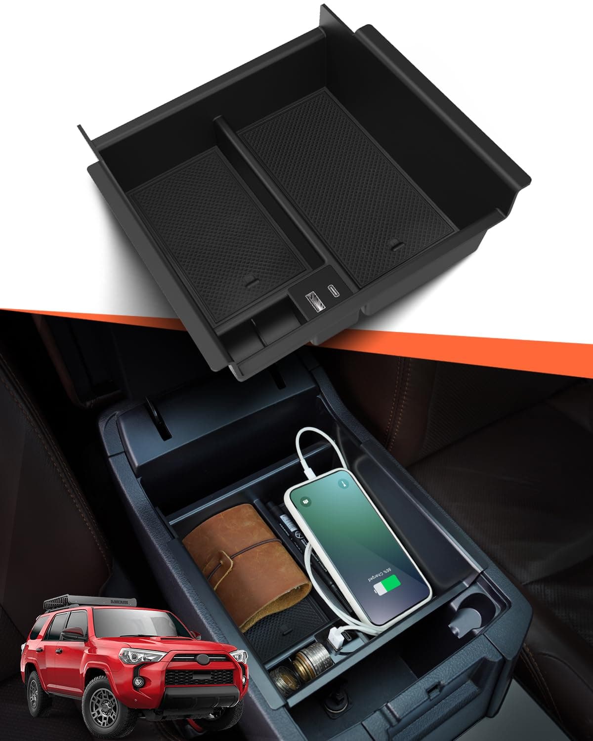 Toyota 4Runner Center Console Organizer Tray (With USB Port) for 2010-2023 Models - Insert Armrest Box for 5th Gen 4Runner Accessories