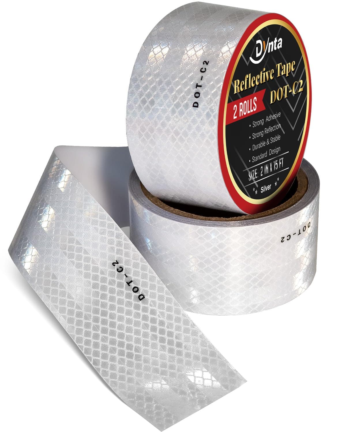Dynta Silver Reflective Tape DOT-C2 High Visibility 2Inx30Ft Waterproof Adhesive 2 Rolls (2Inchx15Ft) Conspicuity Reflector Tape for Trailers, Bikes, Trucks, Cars, Yachts, Mailboxes, Railings,Outdoors