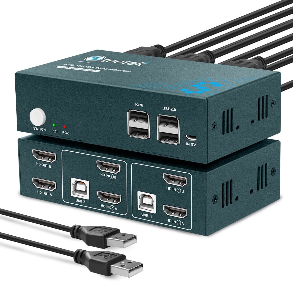 KVM Switch Dual Monitor 2 Port, 4K@60Hz (YUV 4:4:4), 2 USB 2.0, HDMI KVM Extended Display, 2 PCs 2 Screens and 1 Set Keyboard Mouse Free Switch. Hotkey Switch and 4 HDMI and 2 USB Cables