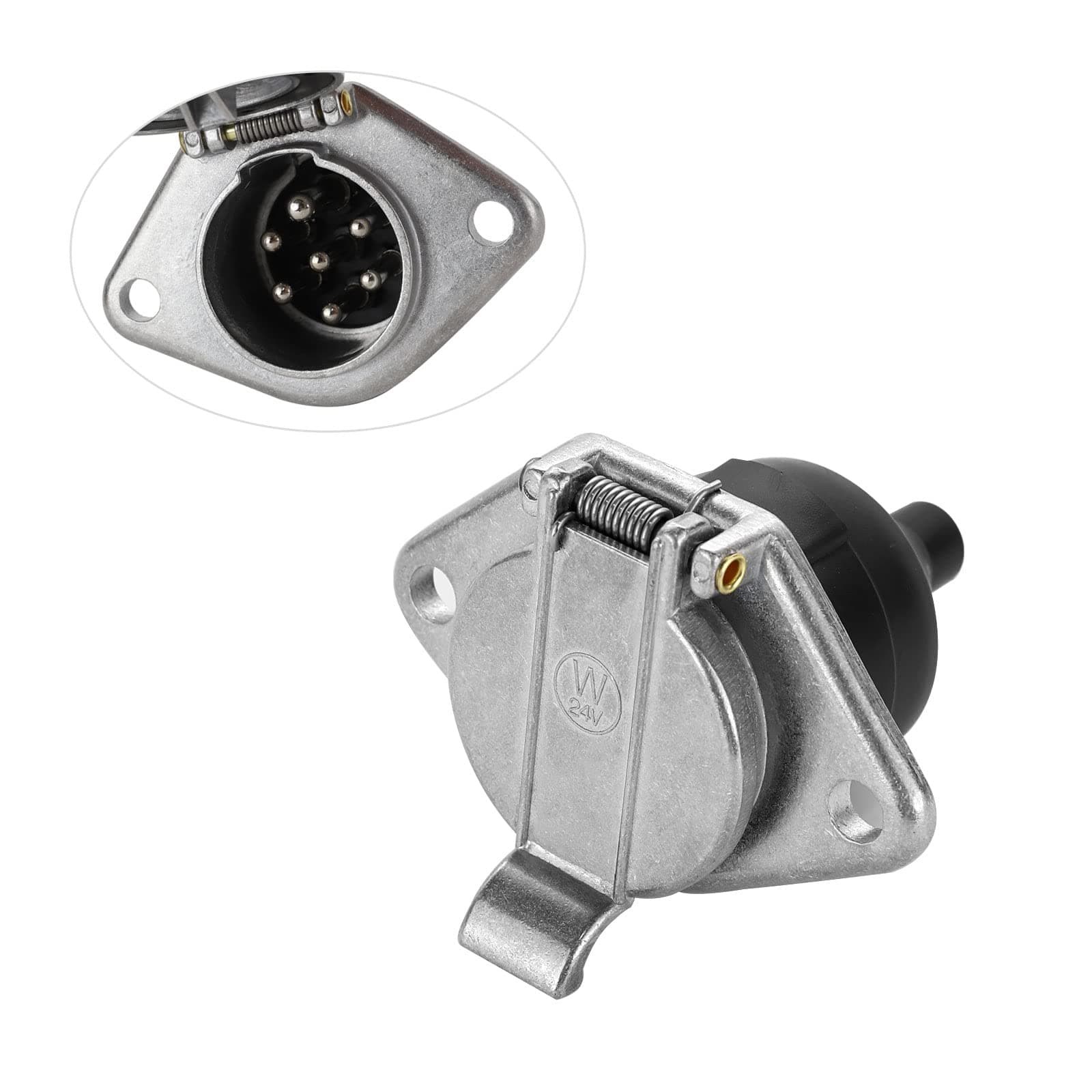 MECMO 7-Pin Round Vehicle-Side Female-End Socket Replacement SAE J560 Style, Die-Cast Zinc Housing 7-Way Round Electrical Connector, Semi Truck Trailer Wiring Harness Car End - Sliver