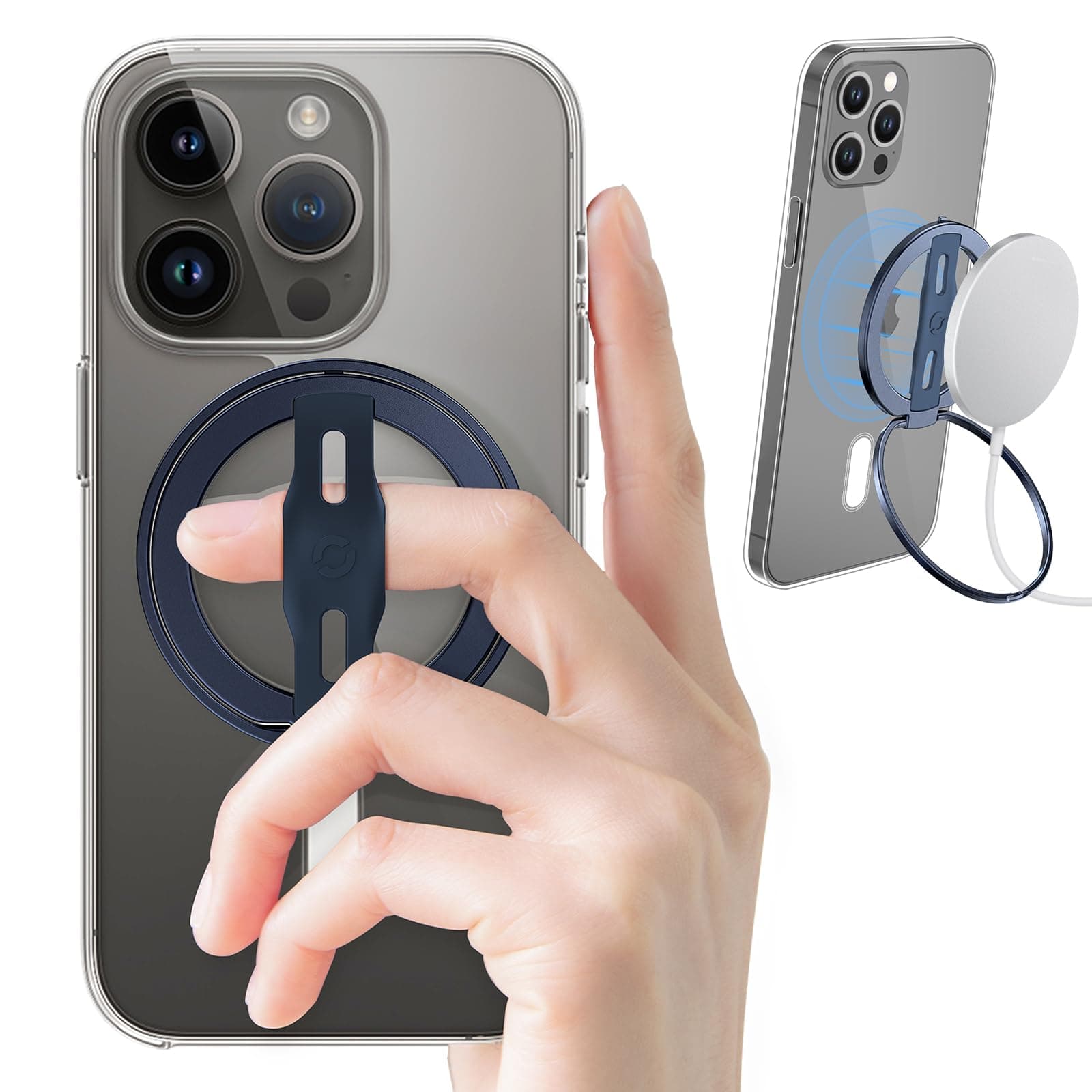 EWA MagOne 2nd Gen [Compatible with MagSafe] Phone Grip Stand with Replaceable Silicone Finger Strap, Removable Magnetic Ring Holder Kickstand Loop, for iPhone 16,15,14,13Pro/ Max/Plus-(Ink-Blue)