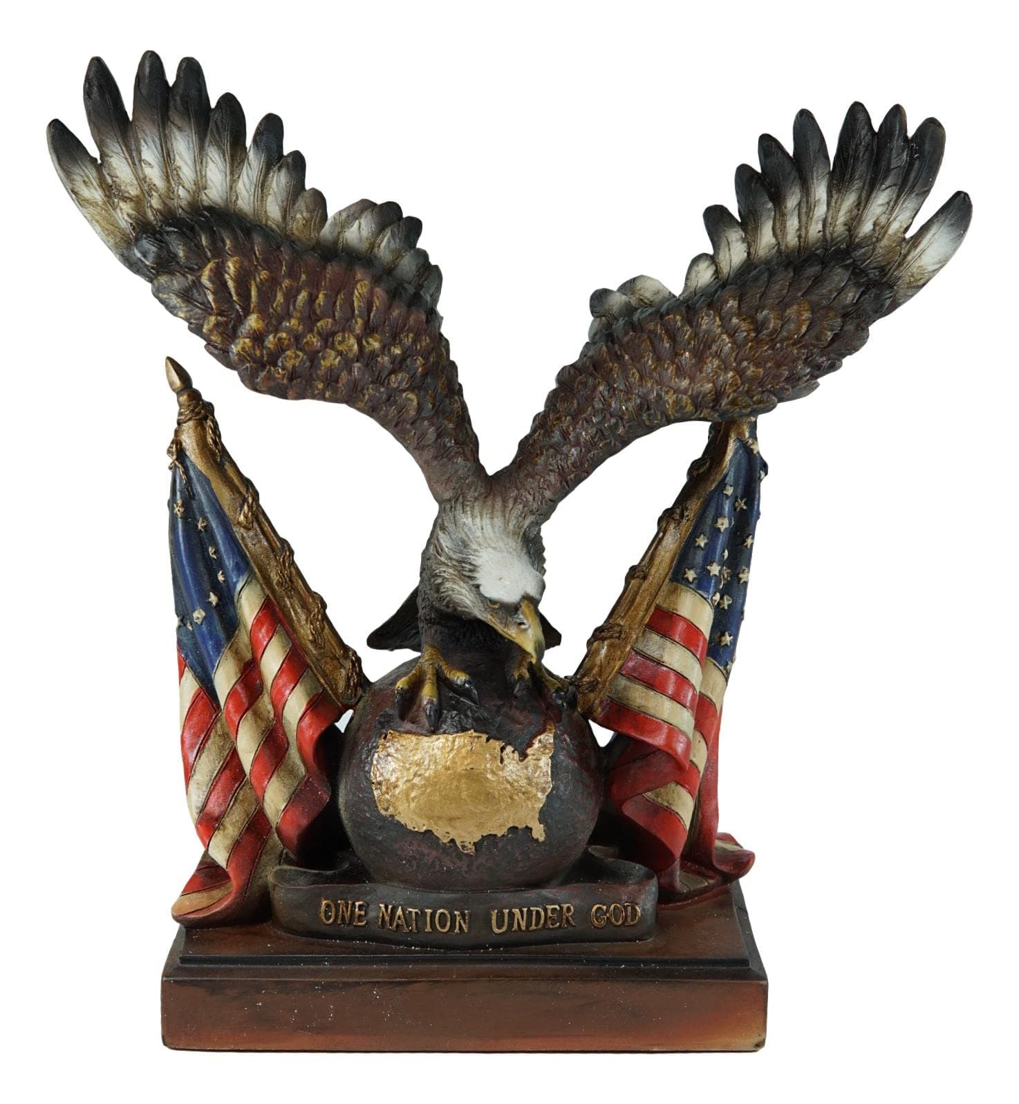 Ebros Gift Patriotic Wings of Glory Bald Eagle Resting On Globe with Map of America and 2 Star Spangled Banner Flags Figurine with Trophy Base One Nation Under God American Symbolic Statue