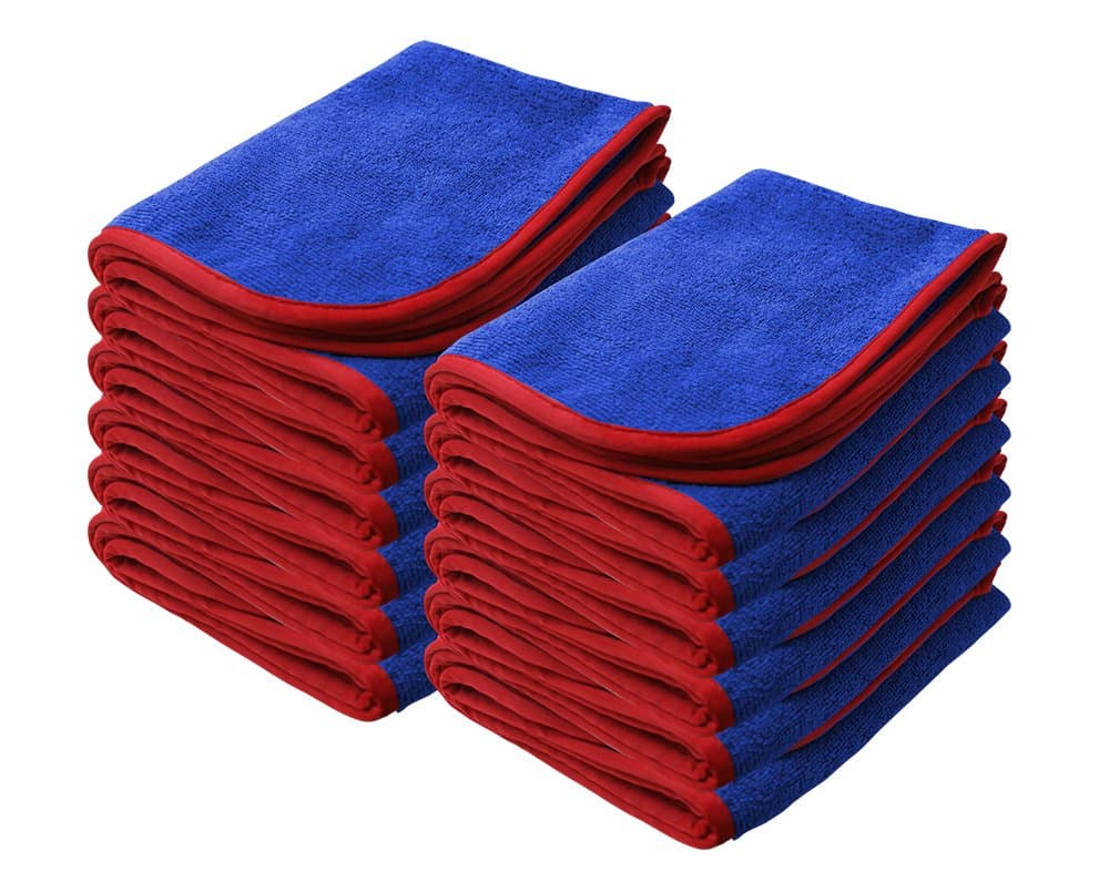 Power Shine Microfiber Towels, 12 Pack – 16" x 24", Blue with Red Silk Edge, 380 GSM, Ultra-Soft & Absorbent Cleaning Cloths for Cars, Detailing, Glass, and Home Use