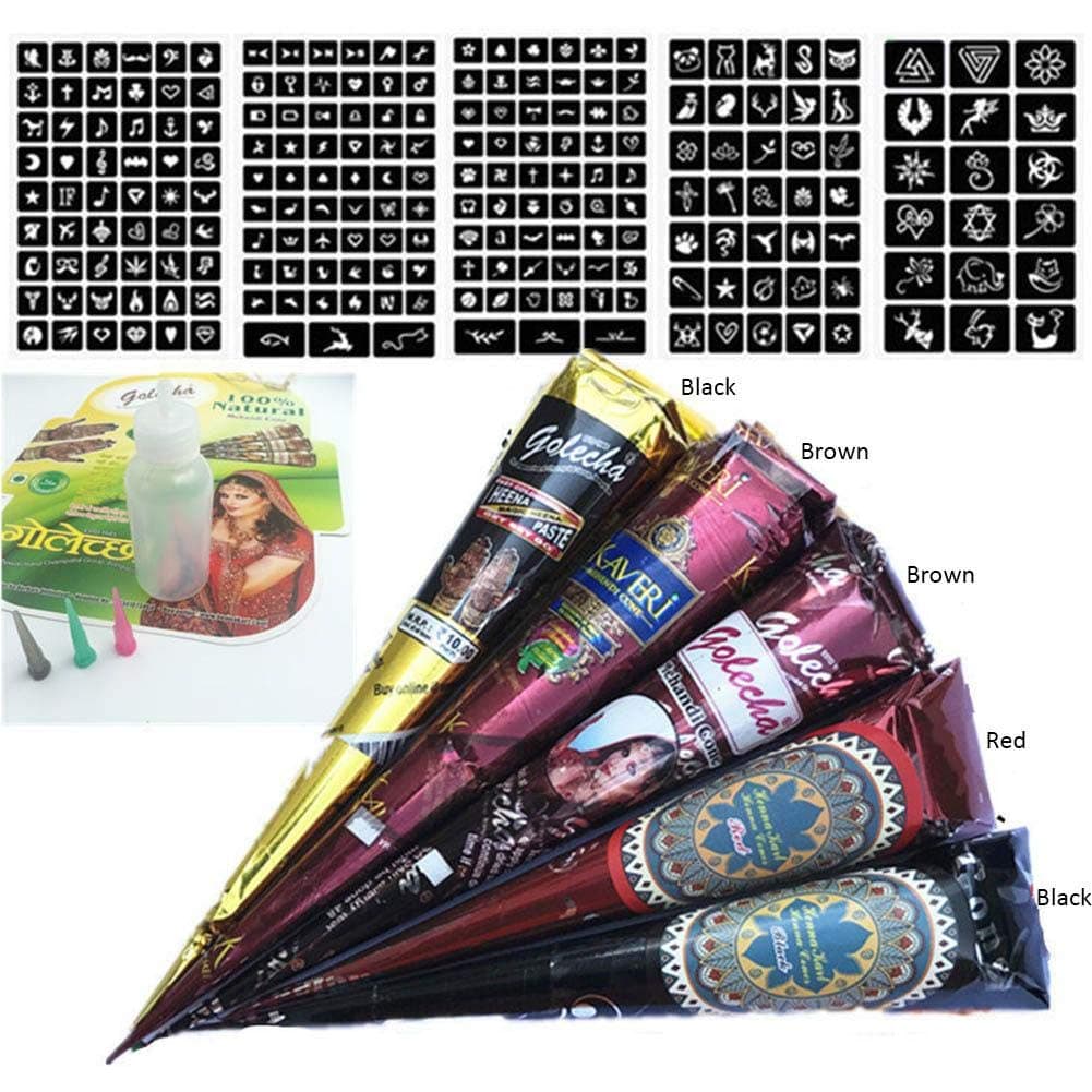 Heoolstranger Temporary Tattoo Kit - 5 Colors Temporary Tattoo Paste Cone With 5 Sheets Template Set, 1 X Czech Bottle Set (black/brown/red)