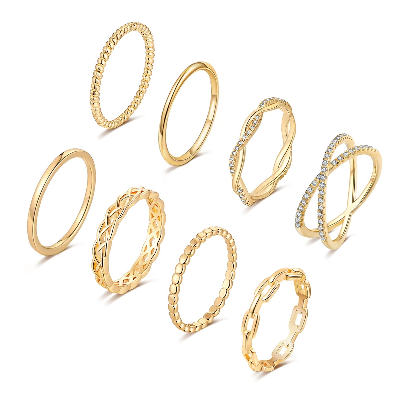 TOBENY 8PCS 14K Rings for Women Stackable Knuckle Rings Size 4 to Size 12 Rings 1.5mm- 3.8mm Midi Stacking Eternity Wedding Rings
