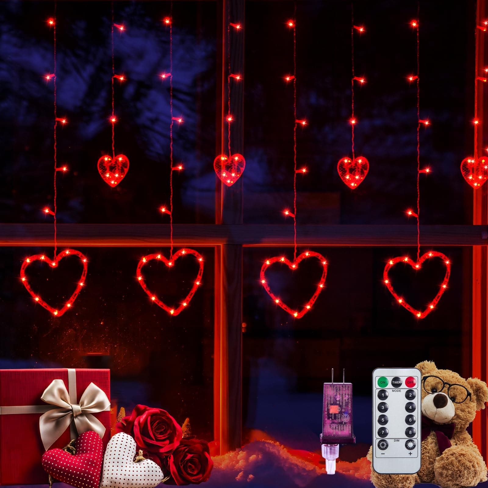 LOLStar Valentines Decorations, Red Heart-Shaped 138 LEDs 12 Hearts String Lights Plug in with Remote, 8 Flashing Modes and Timer Function Window Curtain Light for Valentines Decorations