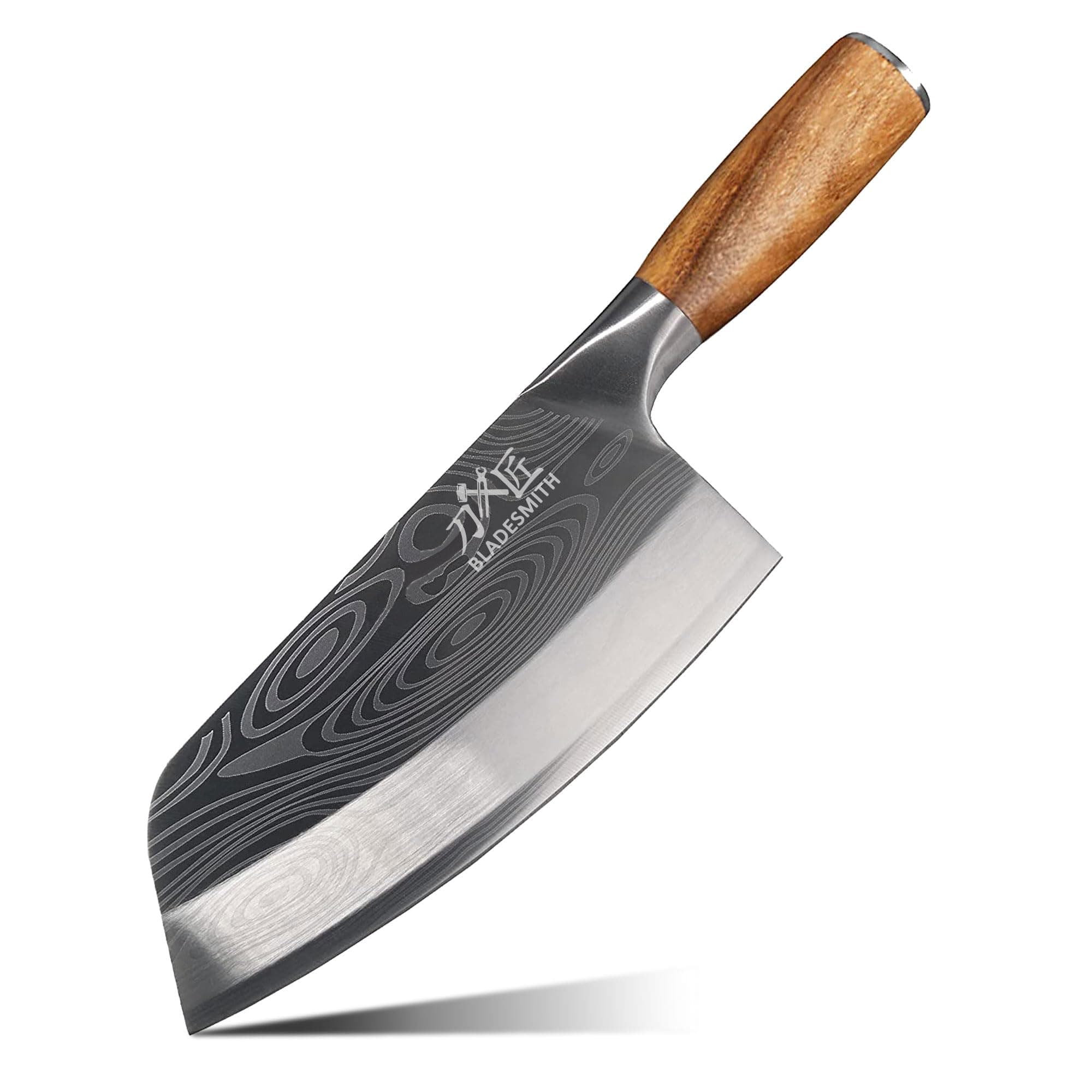 BLADESMITH Cleaver Knife for unfrozen meat and vegetable, 7" Chinese Chef's Kitchen slicer, Razor sharp HC German Stainless Steel blade with lasered damascus pattern, pearwood Handle