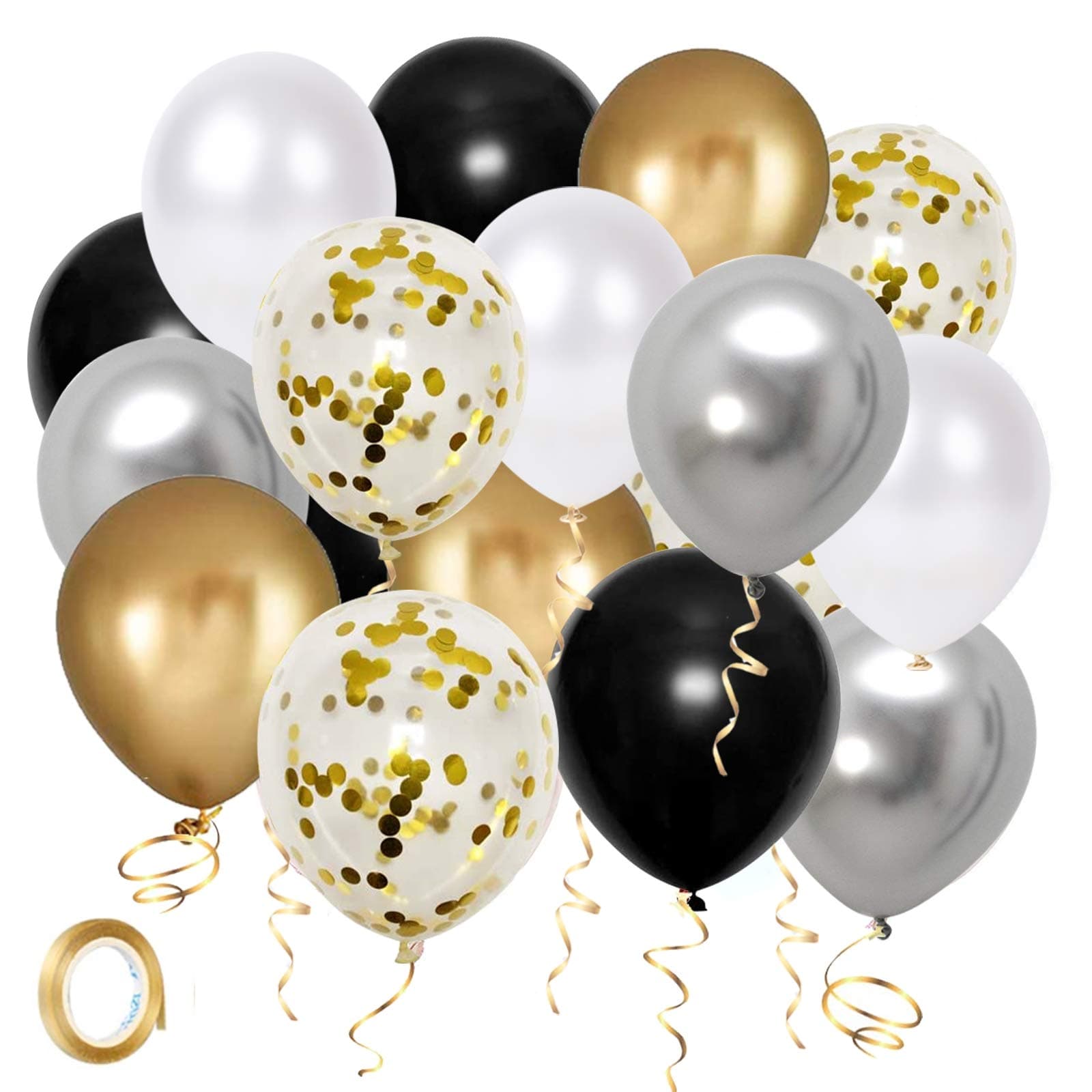 Thomtery Black Gold Silver party Balloons, 50pcs 12 Inch Metallic Thicker Latex Confetti Balloons with Ribbon for Wedding Birthday Baby Shower Decorations (BlackGoldSilver50pcs)