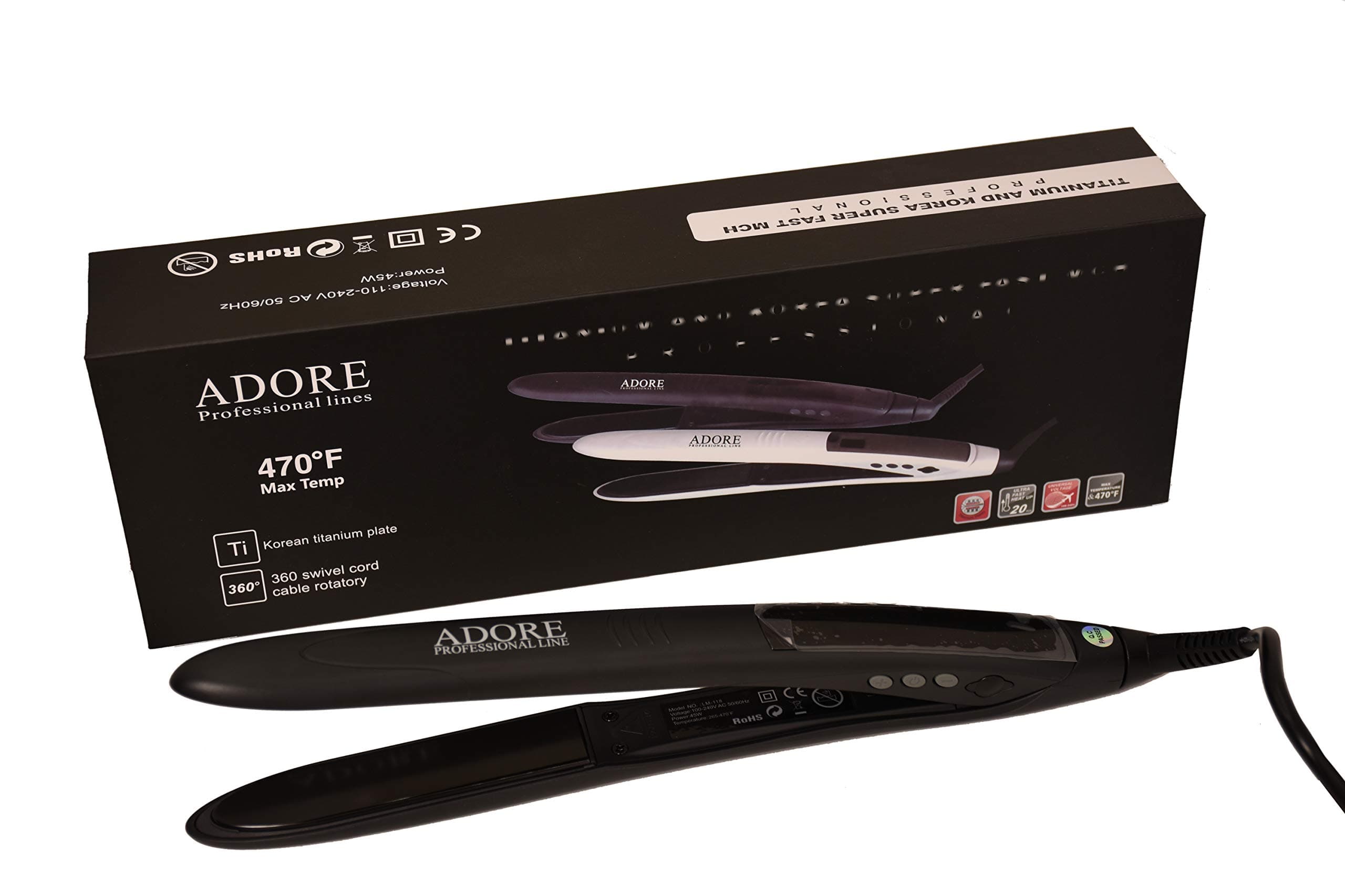 ADORE HAIR STRAIGHTENER 470F - KOREAN TITANIUM CERAMIC - ADVANCED MCH TECHNOLOGY - FOR KERATIN TREATMENT (BLACK)