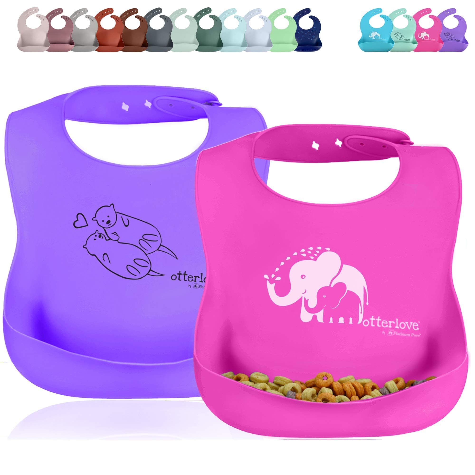 Platinum Silicone Bib - Waterproof Bibs with Wide Food Catching Pocket-Easy Clean-Mess Proof-Dishwasher Safe-Baby Bibs 6-48 months(2 Bib Pack - Pink Elephants & Purple Otters)
