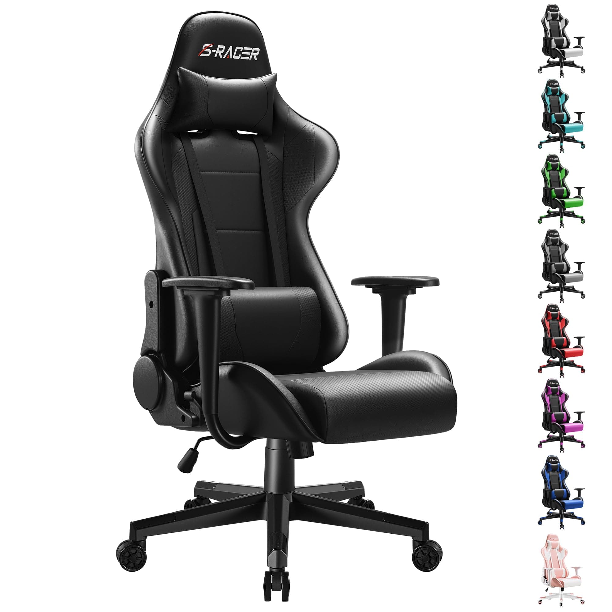 Furniwell Gaming Chair Racing Computer Chair Office Desk Chair Adjustable Swivel High Back Carbon Fiber Style Leather Executive Ergonomic Chair with Headrest and Lumbar Support (Black)