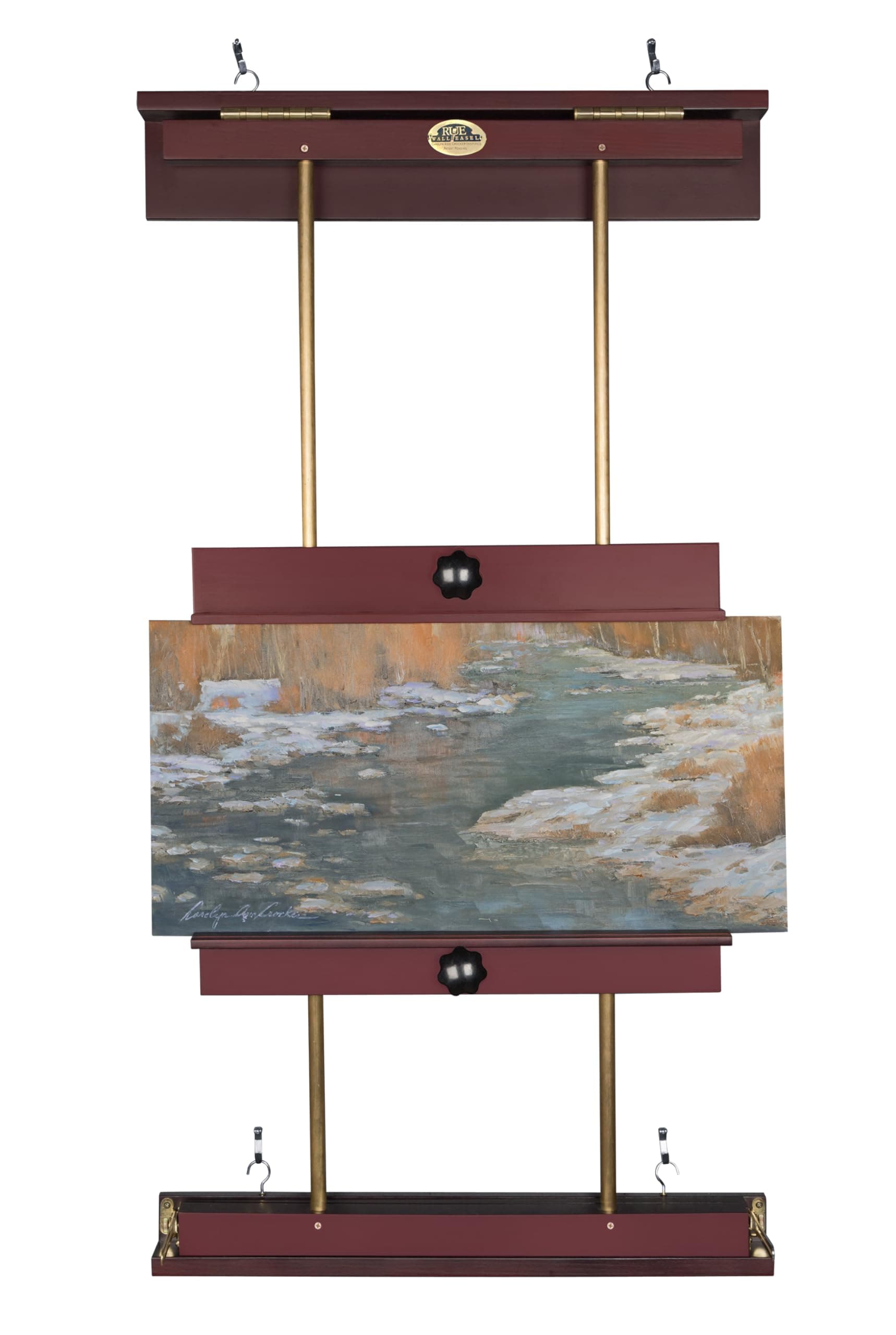 Rue Wall Easel Small - Mahogany Finish & Brass Hardware - 24" Wide Hanging Wall Mountable Display for Art, Adjustable Angle, Holds Canvas Up to 34", Decorative Holder, Easel Lamp Compatible, 19lbs