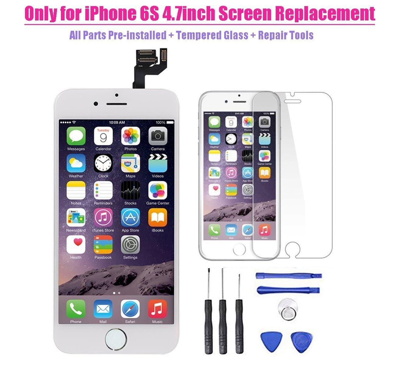 Full Digitizer Assembly for iPhone 6S (4.7 Inch) LCD Display Screen Replacement with Home Button + Front Camera + Proximity Sensor + Ear Speaker + Repair Tools, not for iPhone 6