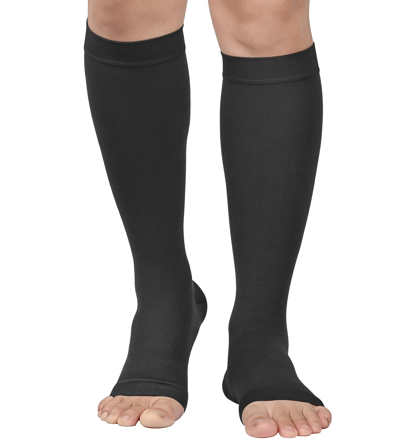 MGANG® 20-30 mmHg Compression Stocking for Men and Women, Medical Compression Socks, Knee High Length, Open Toe, Support Hose for DVT, Varicose Veins, Relief Shin Splints, Edema, Black Large