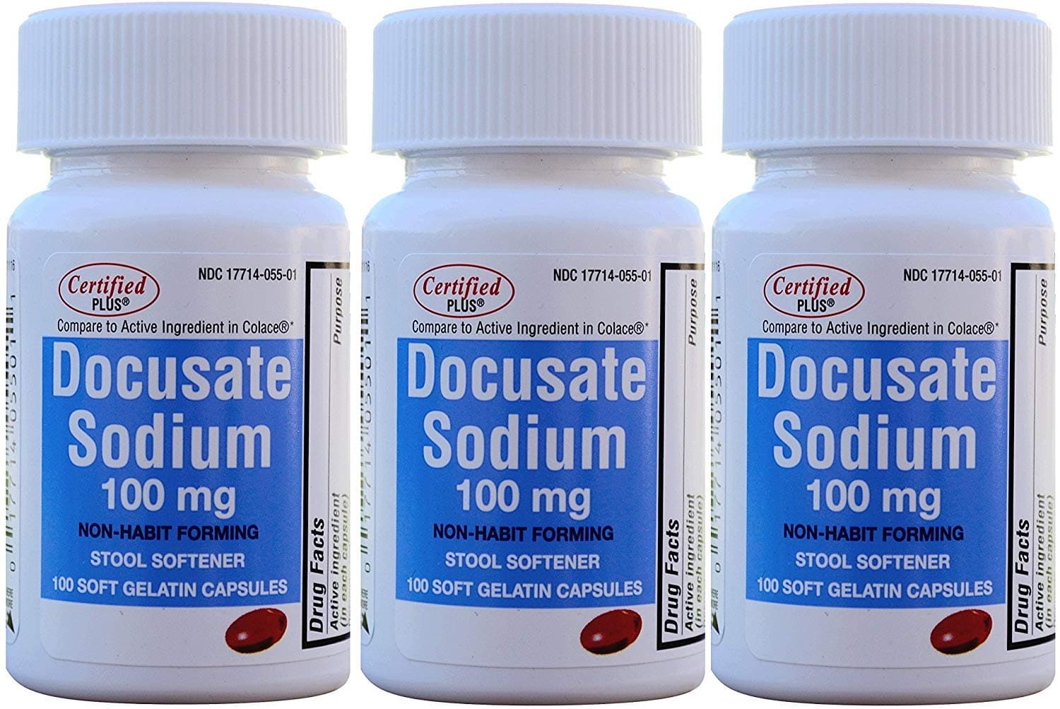 Docusate Sodium 100 mg Softgels for Gentle, Reliable Relief from Occasional Constipation Generic for Colace 100 Softgels per Bottle Pack of 3 Bottles Total 300 Softgels