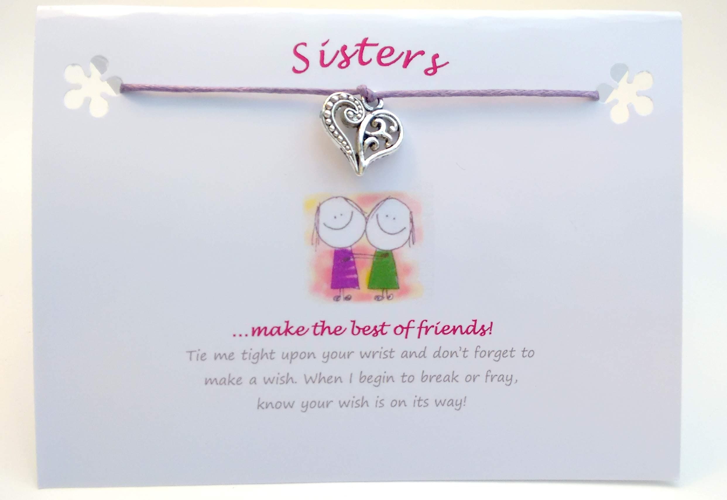 SISTERS Wish String Bracelet, Tibetan Heart Charms & Quote Card (Fuchsia Cord). A Lovely Token Gift, Keepsake. 'Sisters Make The Best Of Friends...'