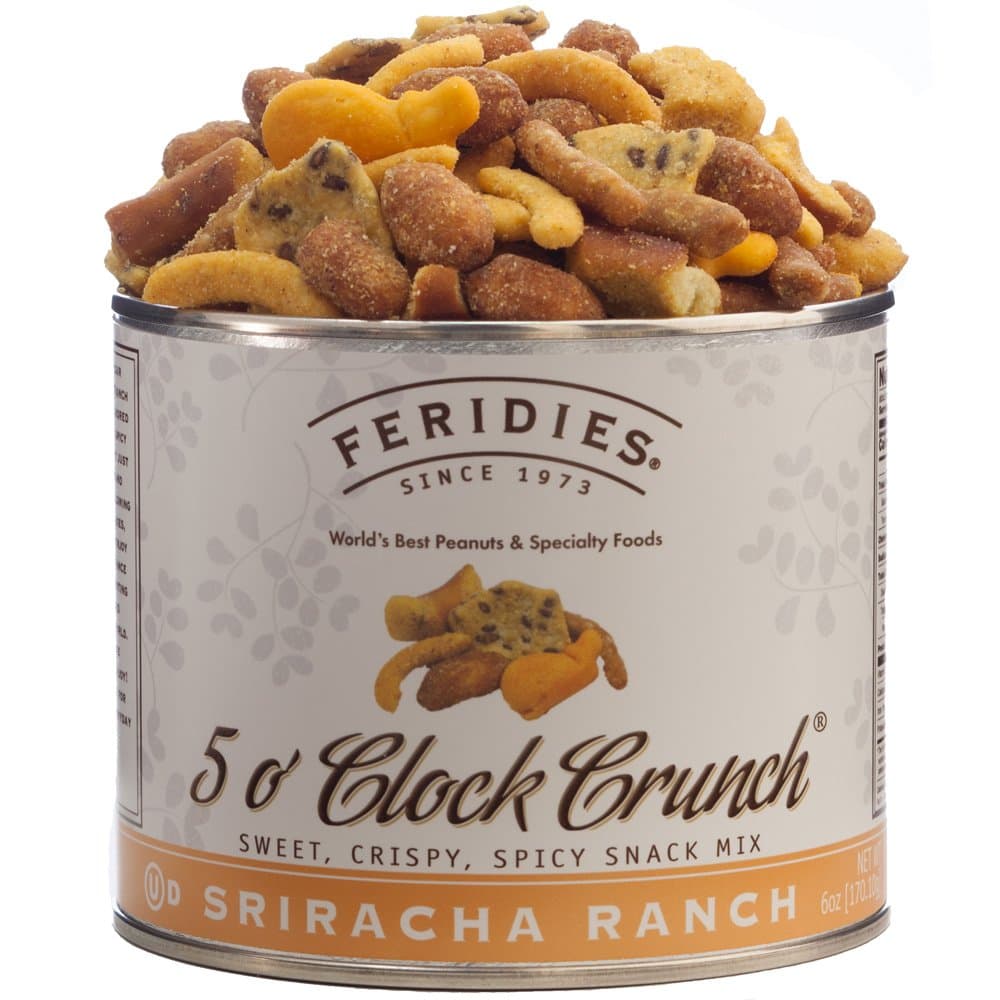 - FERIDIES Sriracha Ranch 5 O'clock Crunch Snack Mix Spicy Pub Mix No Preservatives No Trans Fat Made with Virginia Peanuts - 6 Oz Tin