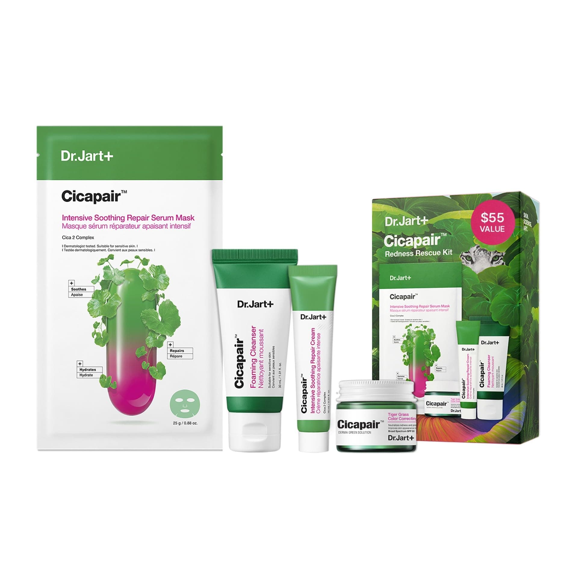 Cicapair Redness Rescue Korean Skin Care Set, Travel Size Value Gift Set with Cicapair Color Correcting Cream, Face Wash, Cream Moisturizer, and Face Mask